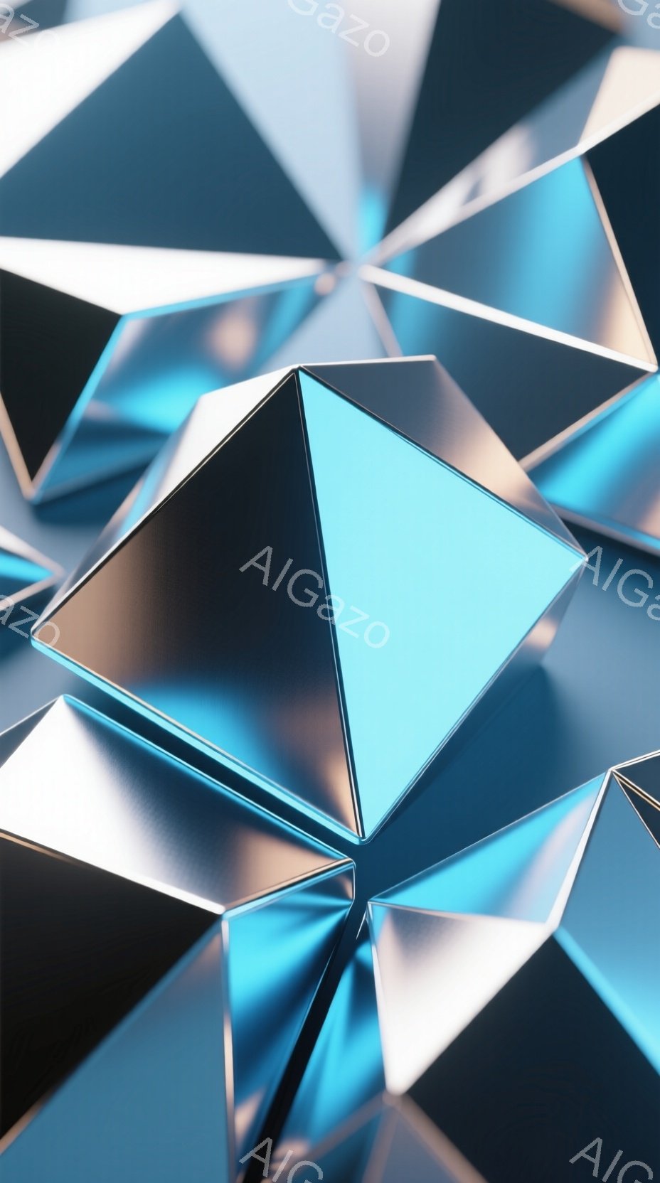 この画像は、互いに交差する多数の青と銀色の多面体の抽象的な構成で構成されています。光沢のある表面が、反射やハイライトを作り出し、未来的な雰囲気を作り出しています。背景は特定できず、焦点は完全に幾何学的な形状に当てられています。