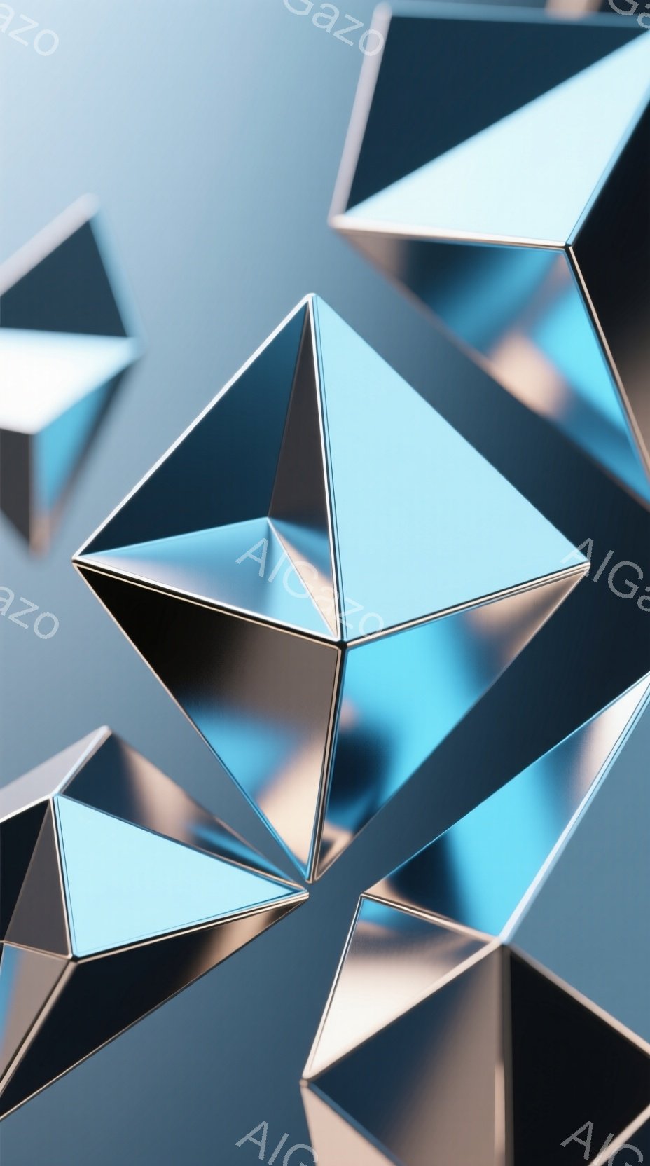 鮮やかな青色の多面体が、光沢のある表面で立体的に配置されています。背景はぼかした青色で、多面体の反射が複雑な模様を作り出しています。全体的に未来的な雰囲気で、洗練された抽象的な美しさが際立っています。