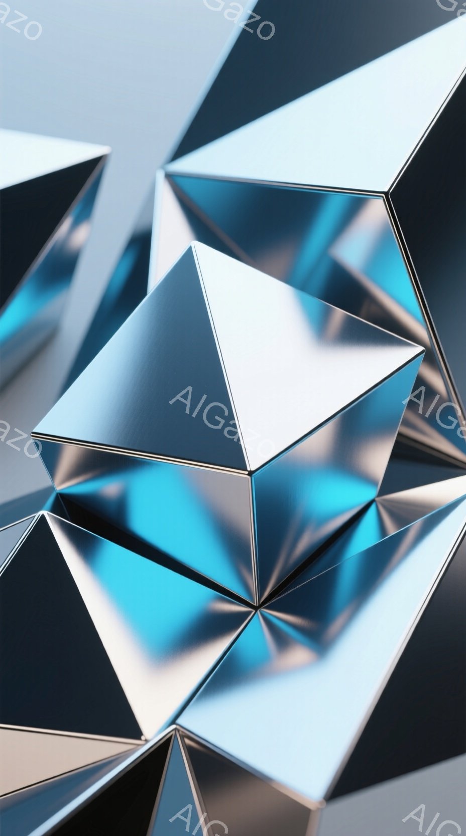 鮮やかな金属製の多面体が幾何学的に配置され、互いに反射しあっています。光沢のある表面は、青や銀、そして微妙な色合いを捉え、未来的な印象を与えます。背景はぼやけており、多面体の複雑な形と反射が主な焦点と - AI生成フリー素材