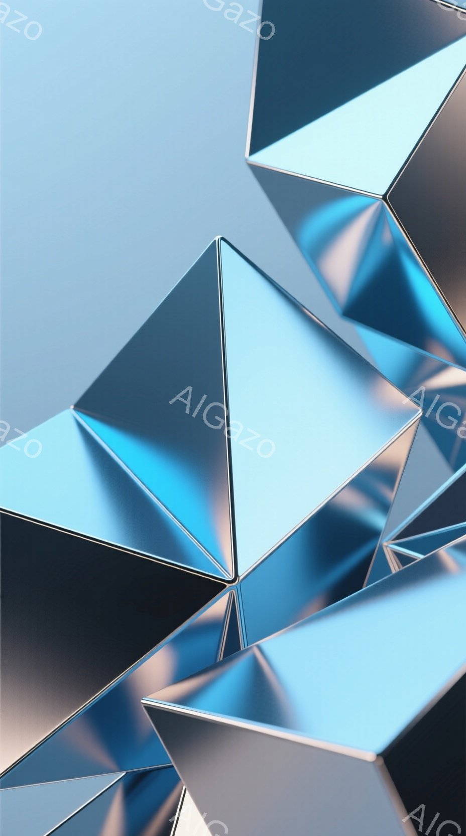 この画像は、角度のついた銀色の多面体で構成された抽象的な構図です。表面は光を反射して輝き、それぞれの面が互いに重なり合い、複雑な影を生み出しています。全体的に冷たい印象で、未来的なテクノロジーやミニマルなデザインを連想させます。