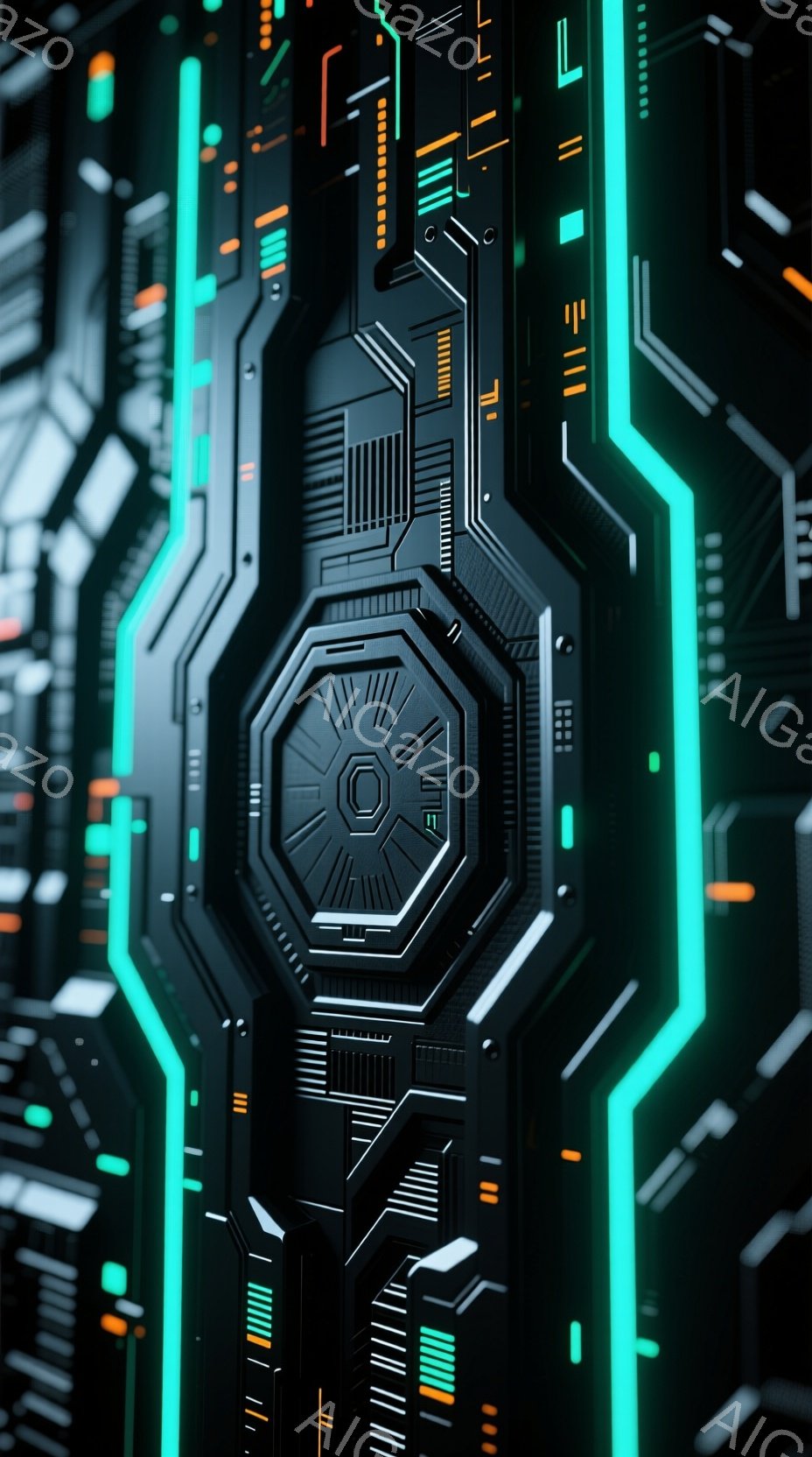 この画像は、未来的な回路基板のようなテクスチャで構成されています。ネオンブルーのラインが、黒色の複雑な幾何学模様の上を走り、技術的でサイバーパンクな雰囲気を醸し出しています。中央には、特徴的な八角形の構造が配置され、回路の核のような役割を果たしているようです。