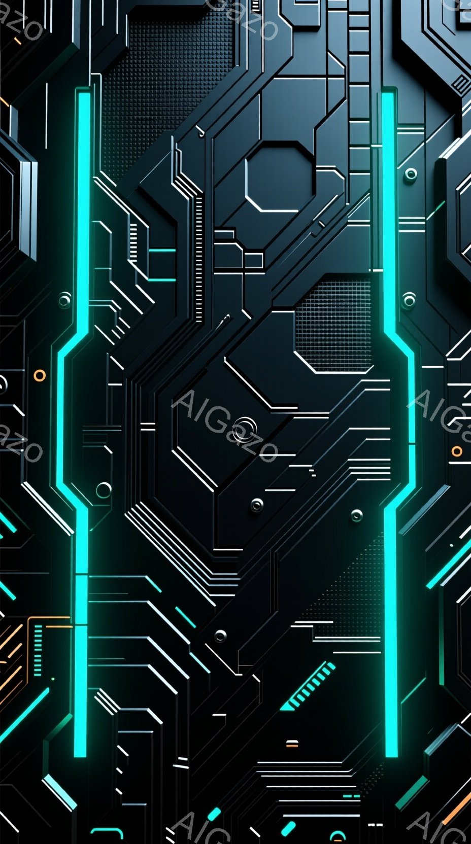 この画像は、黒い背景に青く光る複雑な回路パターンが描かれたものです。幾何学的な線と形状が緻密に組み合わさり、未来的なテクノロジーを感じさせます。全体的にクールでスタイリッシュな印象を与えるデザインです。