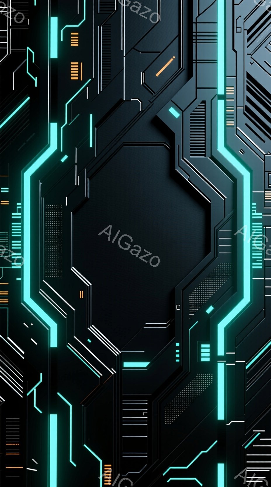 鮮やかなネオンブルーのラインが、濃いグレーの背景に複雑な幾何学模様を描き出している。まるでサイバー空間や未来都市の回路図のような、テクノロジーを感じさせる抽象的なデザインである。中央には、他のラインよ - AI生成フリー素材