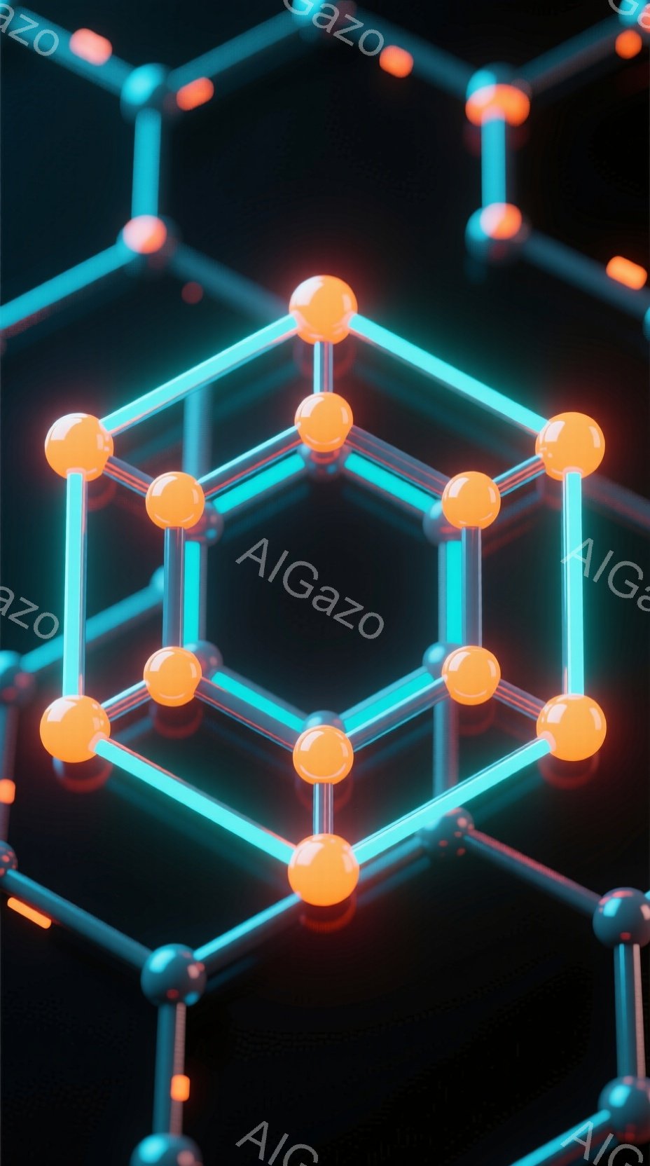 画像は、暗い背景に浮かび上がる、蛍光色の青とオレンジの球と棒で構成された分子構造の３Dレンダリングです。球体はオレンジ色で、棒は明るい青色で、分子の骨格を形成しています。この構成は、科学、テクノロジー、または抽象的なアートのコンセプトを暗示する、未来的な雰囲気を醸し出しています。