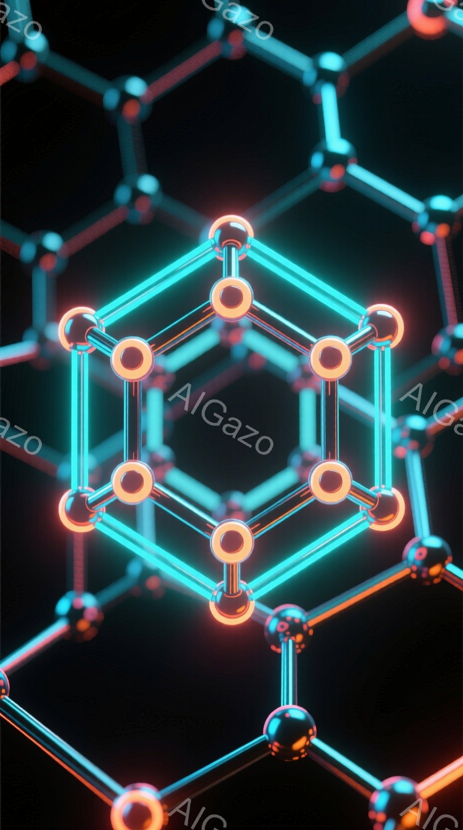 画像は、暗い背景に浮かぶ、ネオンブルーとオレンジの光る六角形ネットワークのクローズアップです。各接続点は光り輝く球体で結ばれており、全体的に未来的な科学的または技術的な雰囲気を醸し出しています。この幾何学的な構成は、複雑なシステムやデータ構造を連想させます。