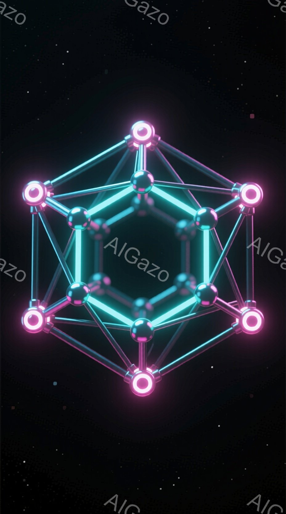 鮮やかなネオンブルーとピンクの光が輝く、正八角形の構造物が画面中央に配置されている。各頂点には光る球体が配置され、それらが細い光の線で繋がれている。背景は暗く、星のような小さな光点が散りばめられており、未来的でサイバーパンクな雰囲気を醸し出している。