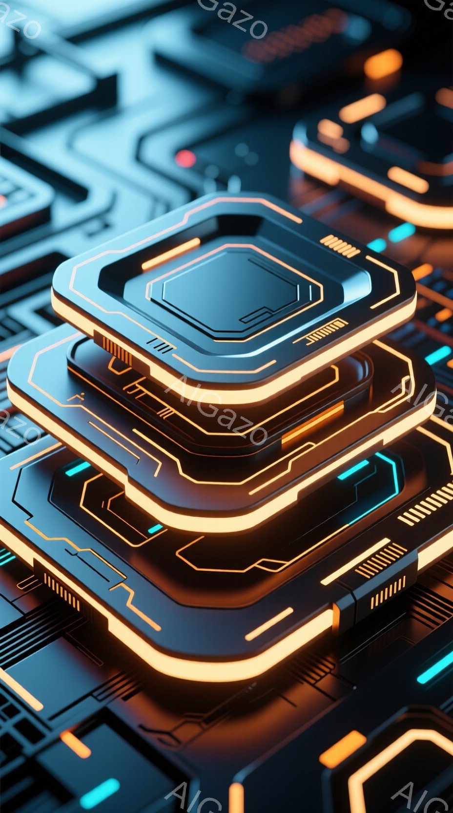 鮮やかなオレンジ色の光を放つ、幾重にも重なった未来的な回路基板が印象的な画像です。基板は黒を基調とし、複雑な幾何学模様と発光するラインが、テクノロジーとエネルギーの流れを表現しています。全体的にクール - AI生成フリー素材