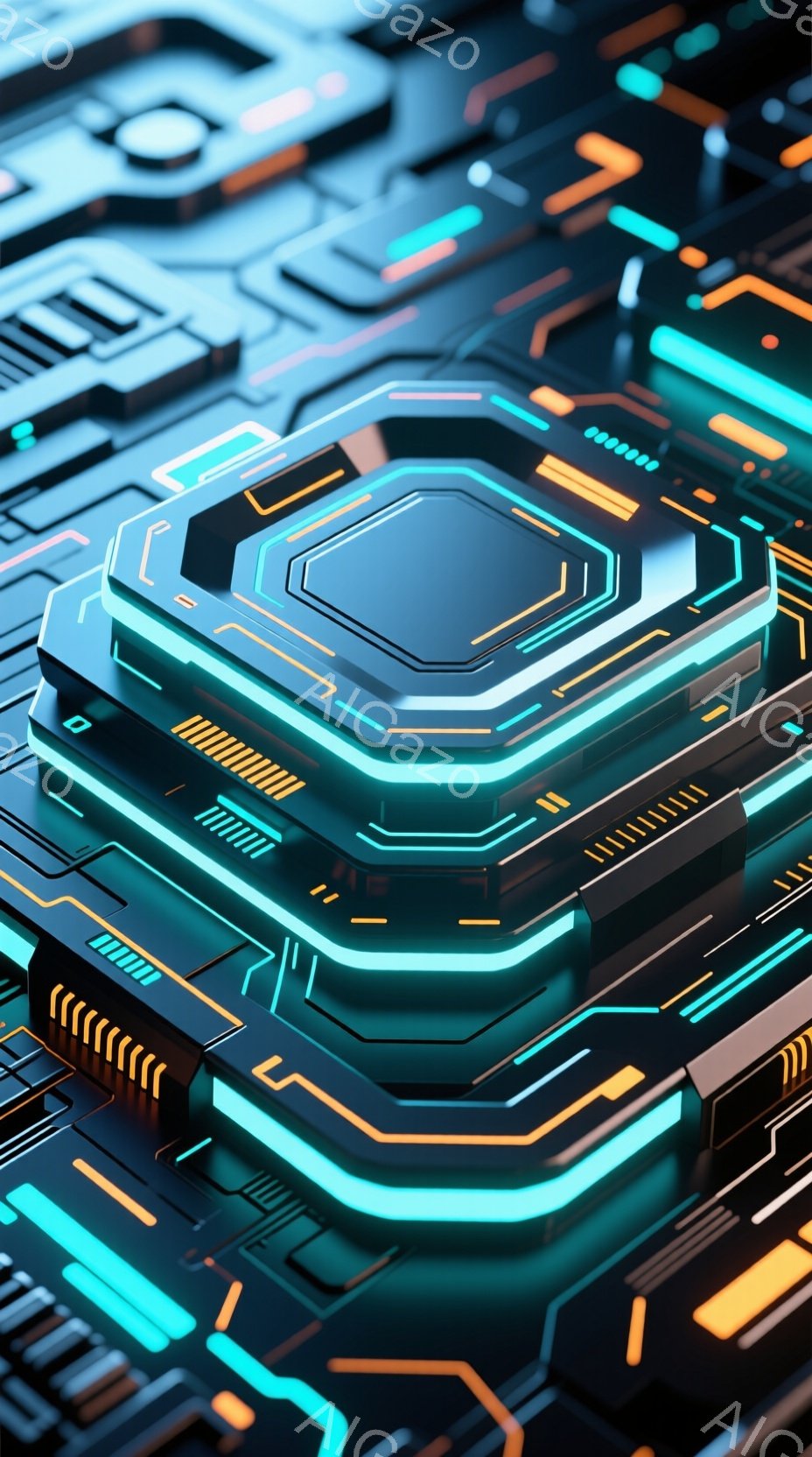 この画像は、未来的な回路基板を表現しており、ネオンブルーとオレンジのラインが複雑に絡み合って構成されています。基板の中心には、多層構造の六角形が積み重ねられ、発光することで、テクノロジーとエネルギーの - AI生成フリー素材