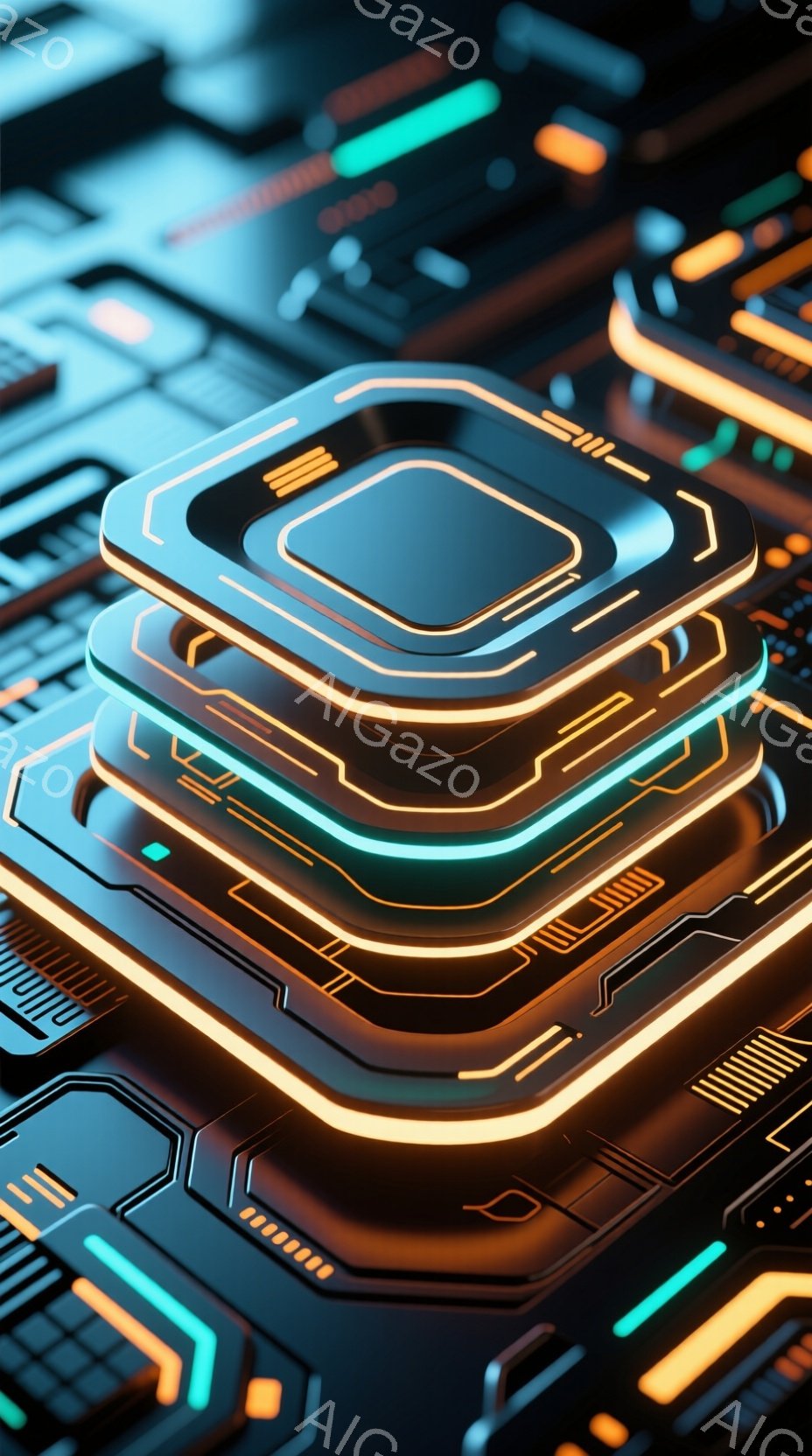 鮮やかなネオンカラーで縁取られた、積み重ねられた光る正方形が特徴的な画像です。これらの正方形は、複雑な回路や技術的なデザインを暗示する細い線で区切られています。全体的に、未来的なテクノロジーやデジタルインターフェースを連想させる、スタイリッシュで抽象的な表現です。