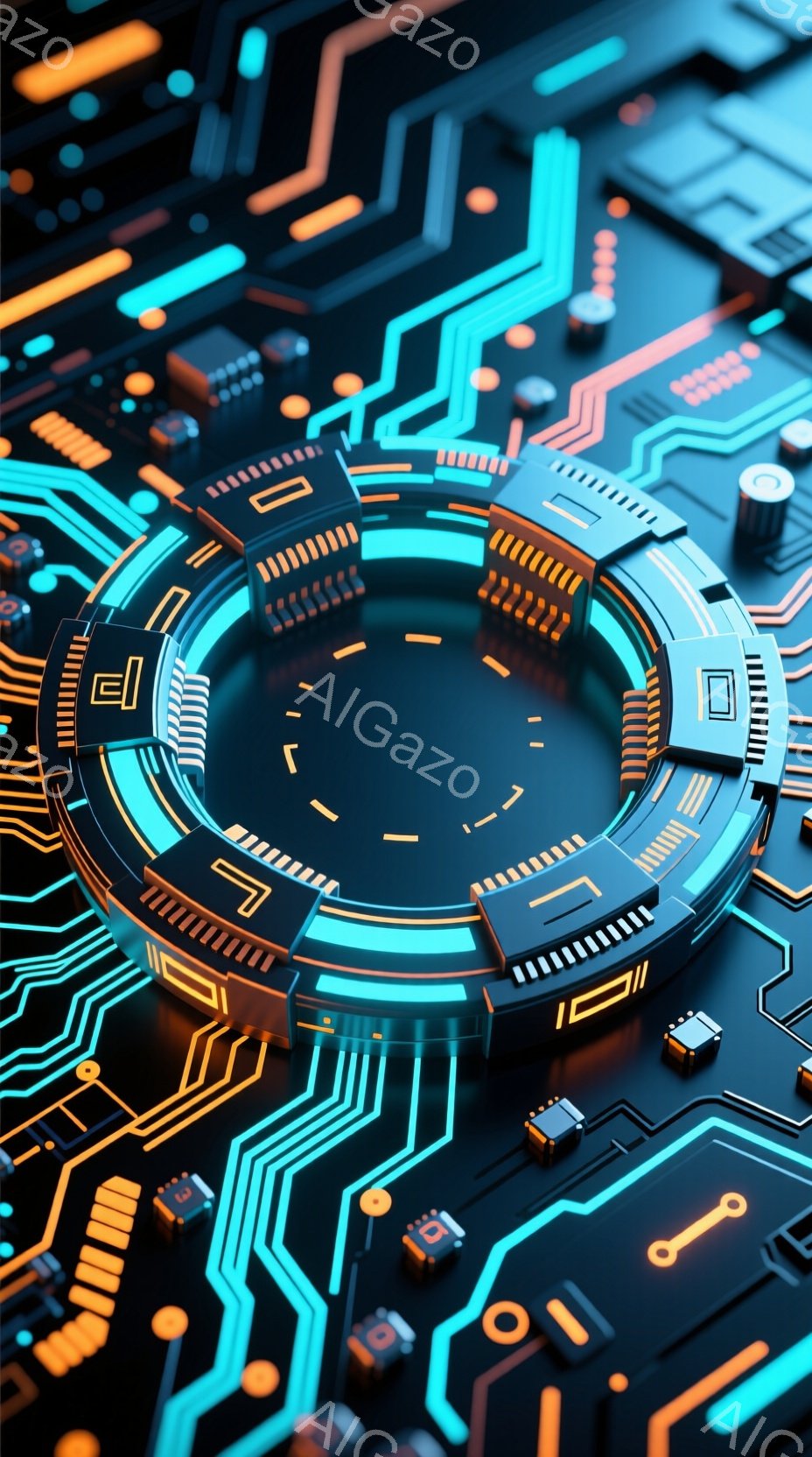 この画像は、電子回路基板を背景にした、未来的な円形の構造物を描いています。青とオレンジの光が鮮やかに輝き、基板上の電子部品と組み合わさって、ハイテクで先進的な雰囲気を醸し出しています。複雑な回路パターンと光のコントラストが、この構造物を中心に視線を集め、技術革新を想起させます。