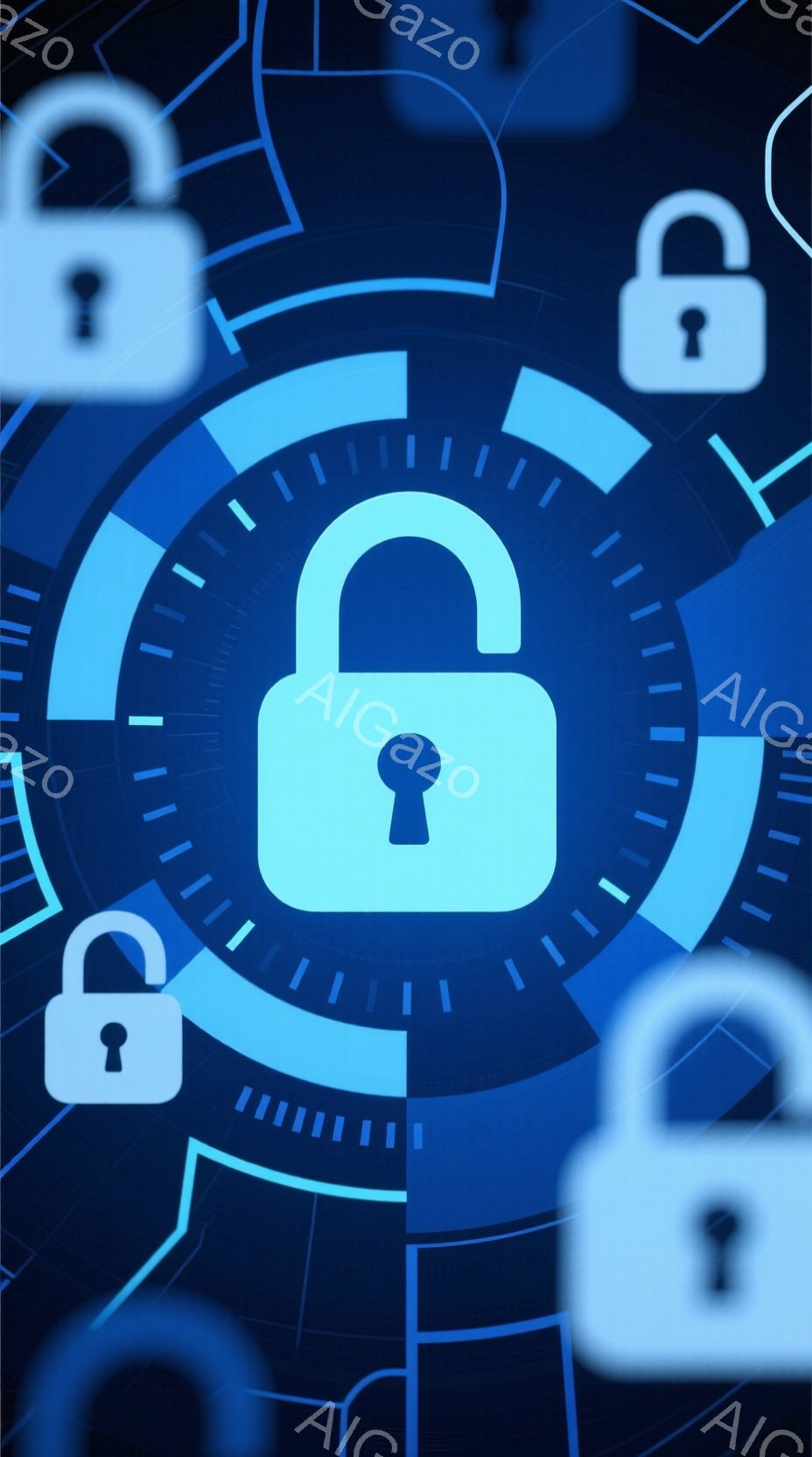 この画像は、青色の背景に複数の南京錠が配置されたデジタルイメージです。中央には大きく光る南京錠が配置され、その周囲にはぼやけた南京錠が配置されています。全体的に、セキュリティ、保護、またはデジタルアクセスの概念を視覚的に表現した、未来的な雰囲気のイメージです。