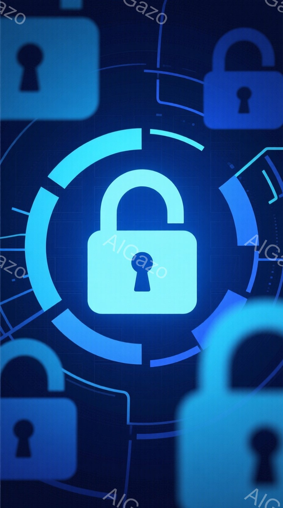 この画像は、青を基調としたデジタルな背景に、複数の南京錠が配置されたものです。中央の南京錠は大きく強調され、他の南京錠がその周りを囲むように配置されています。全体的に、セキュリティやプライバシー保護を象徴するような、未来的な雰囲気を醸し出しています。