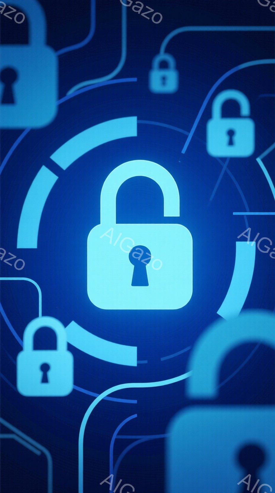 この画像は、鮮やかな青色の背景に、さまざまなサイズの南京錠が配置されたものです。南京錠はすべて同じデザインで、キーホールがはっきりと見えます。背景には、抽象的な白い線が南京錠を囲むように描かれており、セキュリティやプライバシーを連想させる雰囲気です。