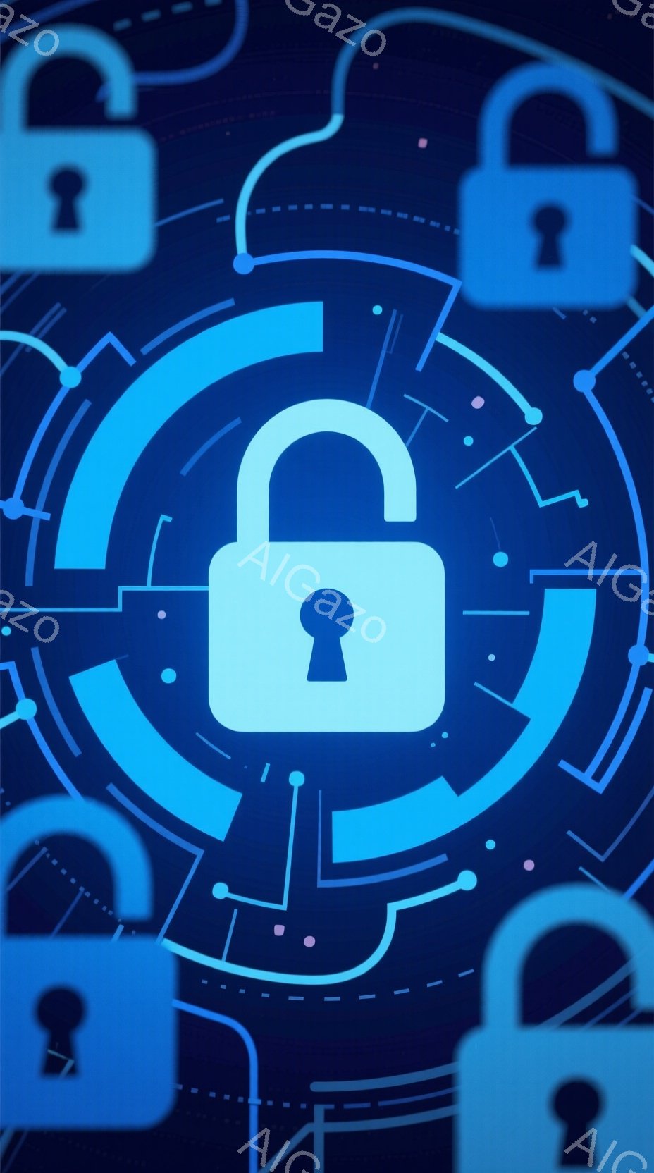 この画像は、青色の南京錠が描かれた背景で、中央には大きな南京錠が光輪のような装飾に囲まれています。背景には、細い白い線が電子回路のようなパターンを描き、全体的にセキュリティやデータ保護を想起させるデザインとなっています。クールでテクノロジーを感じさせる雰囲気です。