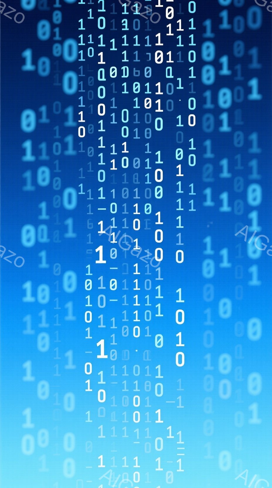 この画像は、青色の背景に無数の「0」と「1」のデジタルコードがびっしりと並んだ様子を捉えています。コードは全体的にランダムに配置されているように見え、まるでコンピュータ内部のデータストリームを視覚化したかのようです。全体的にクールで未来的な雰囲気を醸し出しており、サイバーパンクやテクノロジー関連のイメージを想起させます。
