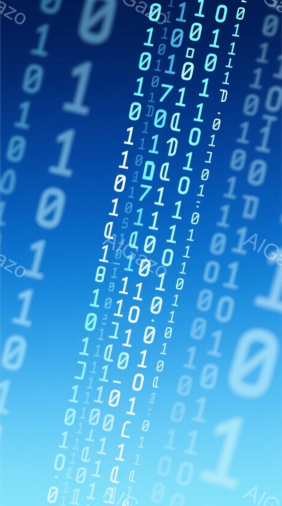 この画像は、デジタルな背景に青と黒のバイナリコード（0と1）が散りばめられています。光沢のある質感が強調され、全体的に未来的な雰囲気を作り出しています。背景は単色で、特定の人物や風景は描かれていません - AI生成フリー素材