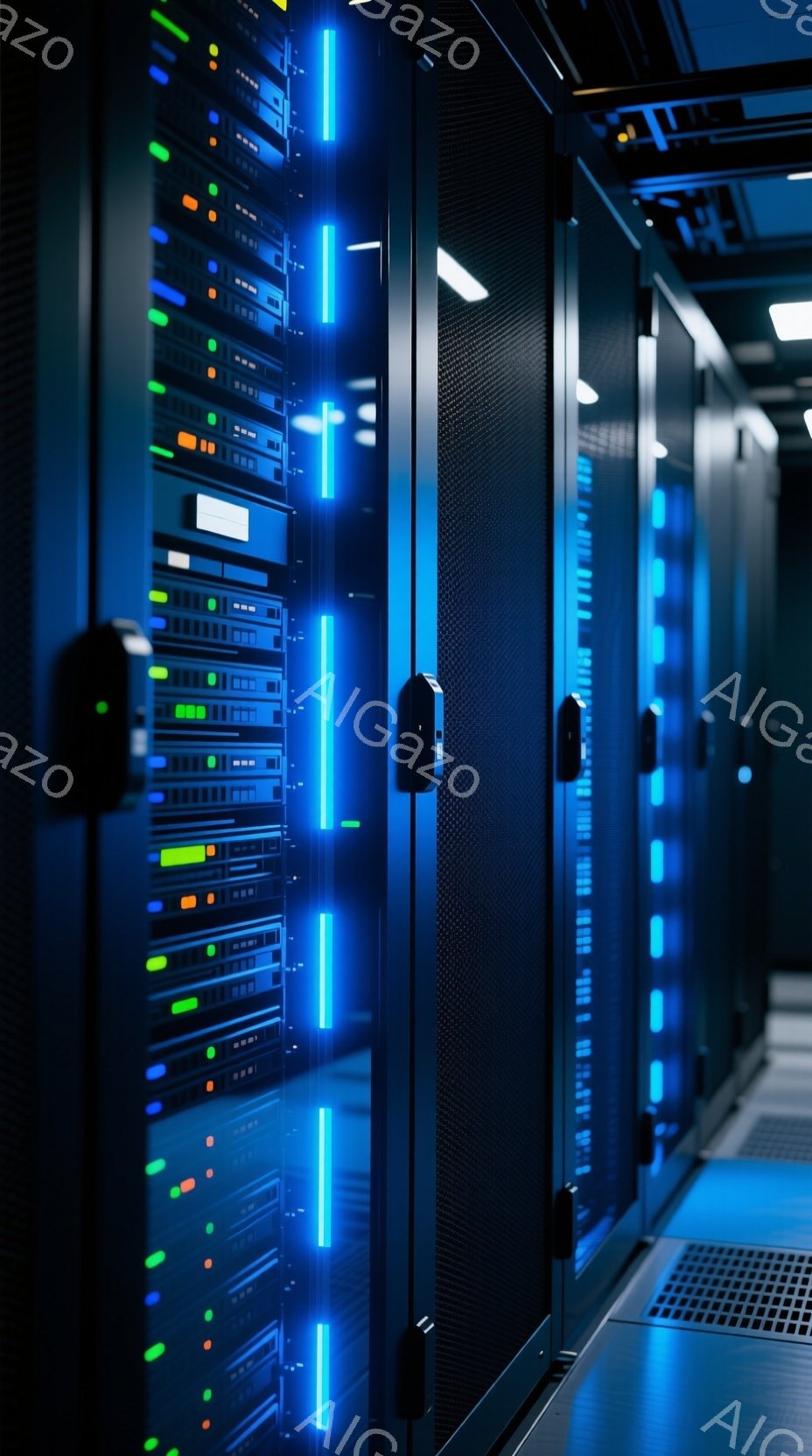 画像は、青色の光ファイバーケーブルとサーバーラックが並ぶデータセンター内部を示しています。各サーバーラックには、緑、オレンジ、赤などの色のインジケーターライトが点灯しており、動作状況を示しています。床にはケーブルが走り、天井には配管やケーブルトレイが張り巡らされており、全体的に冷却と電力供給のためのインフラが整った空間であることがわかります。