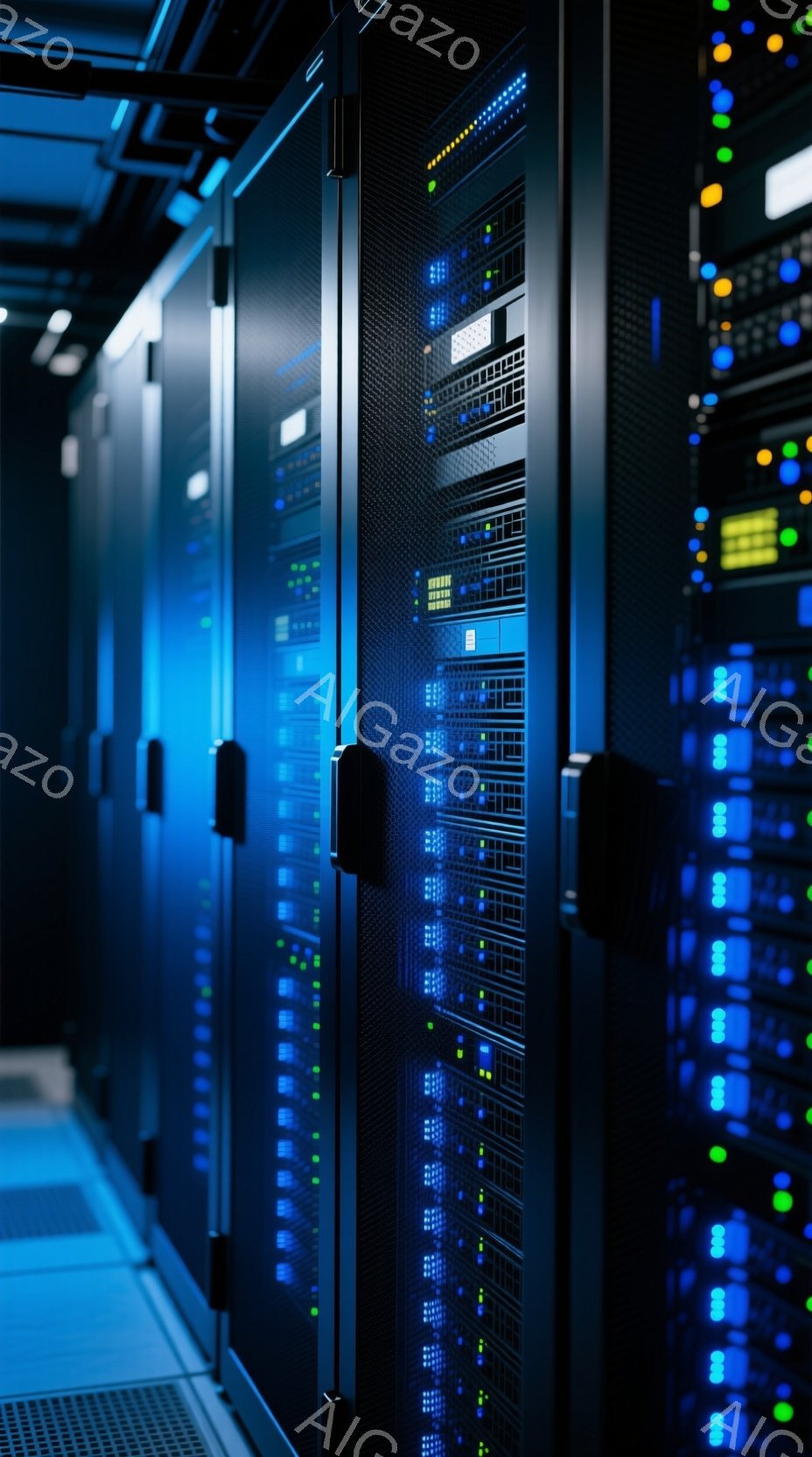 暗い部屋にサーバーラックが並んでおり、各ラックには多数の点灯したインジケーターライトが青や緑色で光っている。ラックは黒色で、規則的に並べられており、データセンターやサーバー室のような、技術的な環境を示 - AI生成フリー素材