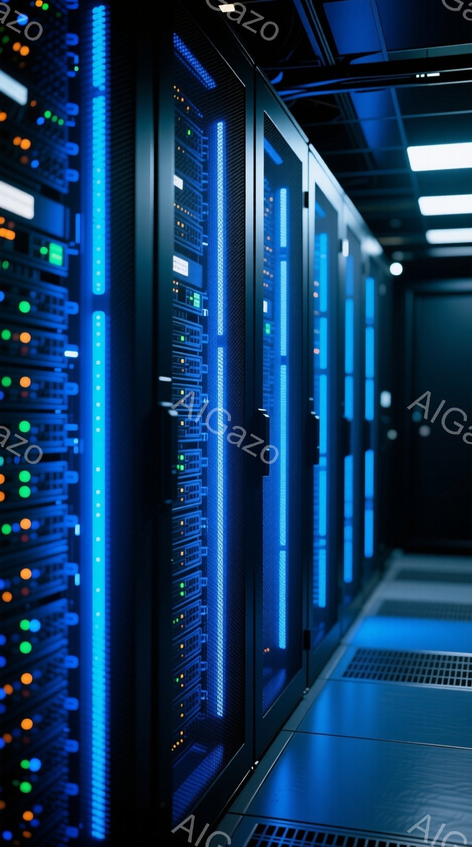画像は、青色の発光ストリップが縦に並んだサーバーラックが並んだデータセンター内部を示しています。ラックは黒色で、様々なインジケーターライトが点滅しており、技術的な雰囲気を醸し出しています。床にはケーブ - AI生成フリー素材