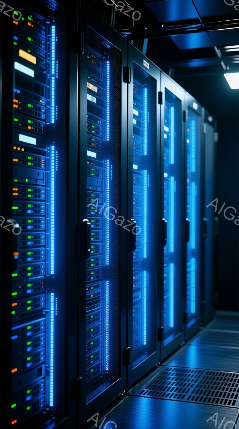 サーバーラックが通路の両側に整然と並び、青いLEDライトが縦に走ることで未来的な雰囲気を醸し出しています。床にはケーブルを通すためのグレーの床下空間が広がっており、ラックの黒い金属製の外装と青色のライトがコントラストを生み出しています。全体的に、データセンターやサーバー室といった、高度な技術を扱う場所を連想させる光景です。