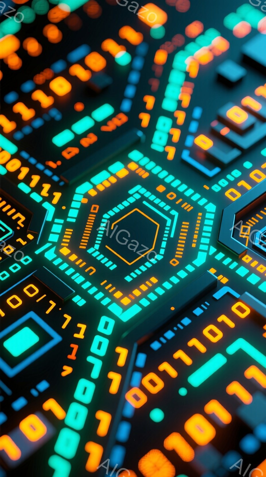 この画像は、鮮やかなネオンカラーのデジタル回路が複雑に絡み合った抽象的な表現です。オレンジ、緑、青の光が、六角形や長方形といった幾何学的な形状を照らし出し、未来的なテクノロジーの雰囲気を醸し出しています。全体的に、データストリームやサイバー空間を想起させる、鮮やかでダイナミックなイメージです。