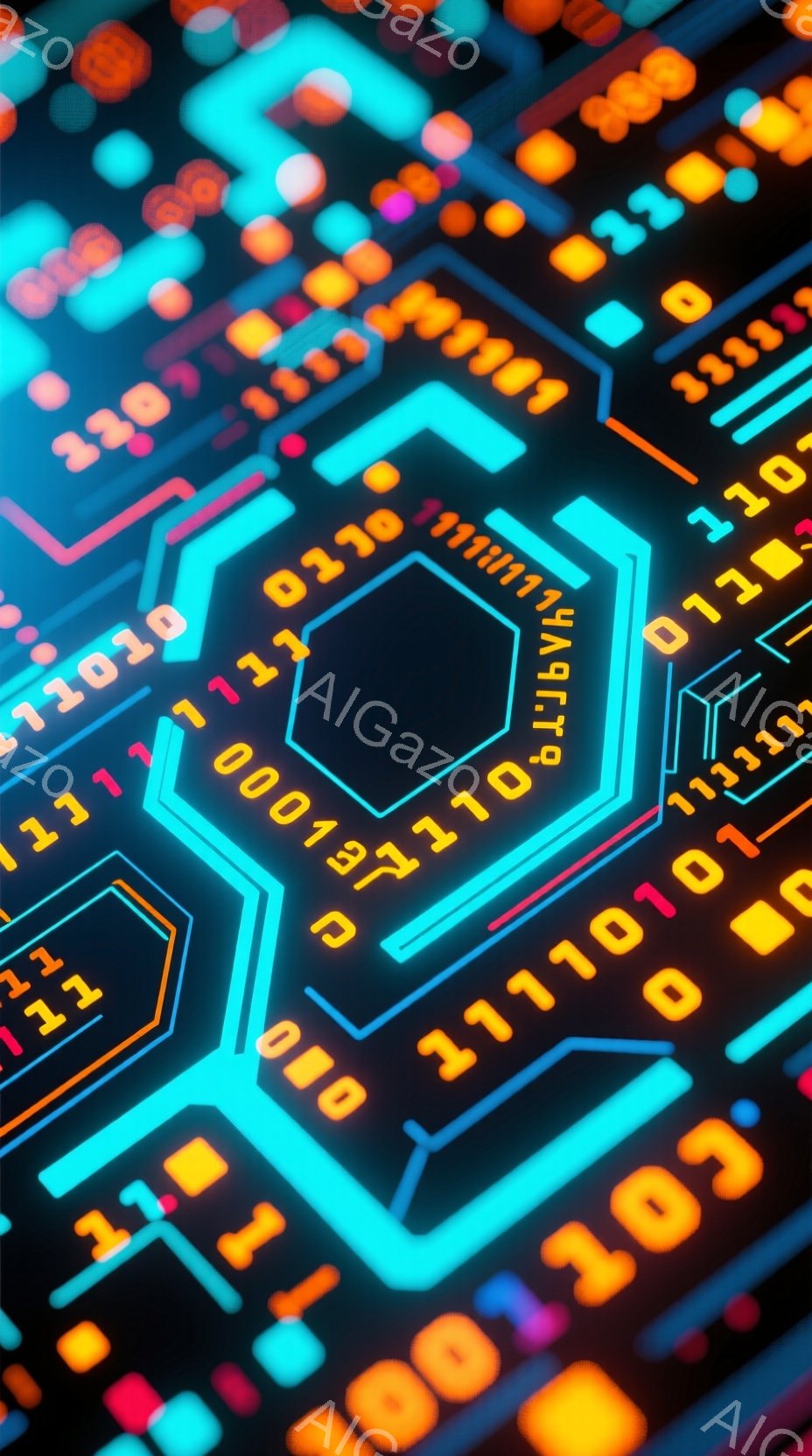 この画像は、青い回路基板を背景としたデジタルな抽象表現です。明るい赤、青、緑の光る数字の「0」と「1」が複雑なパターンで配置されており、未来的なテクノロジーやサイバー空間を想起させます。全体的に鮮やかで、データストリームやコンピューター内部の回路を連想させる、躍動感のあるイメージです。