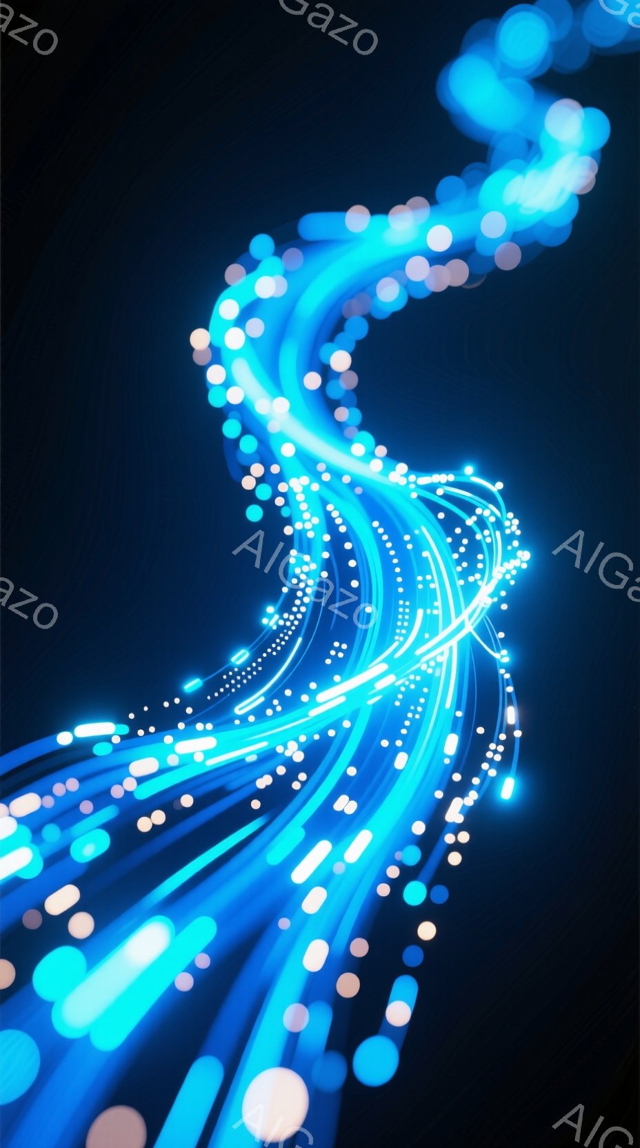 鮮やかな青色の光線が、暗い背景の中で渦巻状に伸びています。光線は様々な長さと太さで構成され、まるでエネルギーの流れやデジタルデータの可視化を思わせます。全体的に近未来的な印象を与え、動きと躍動感に満ちた抽象的なイメージです。