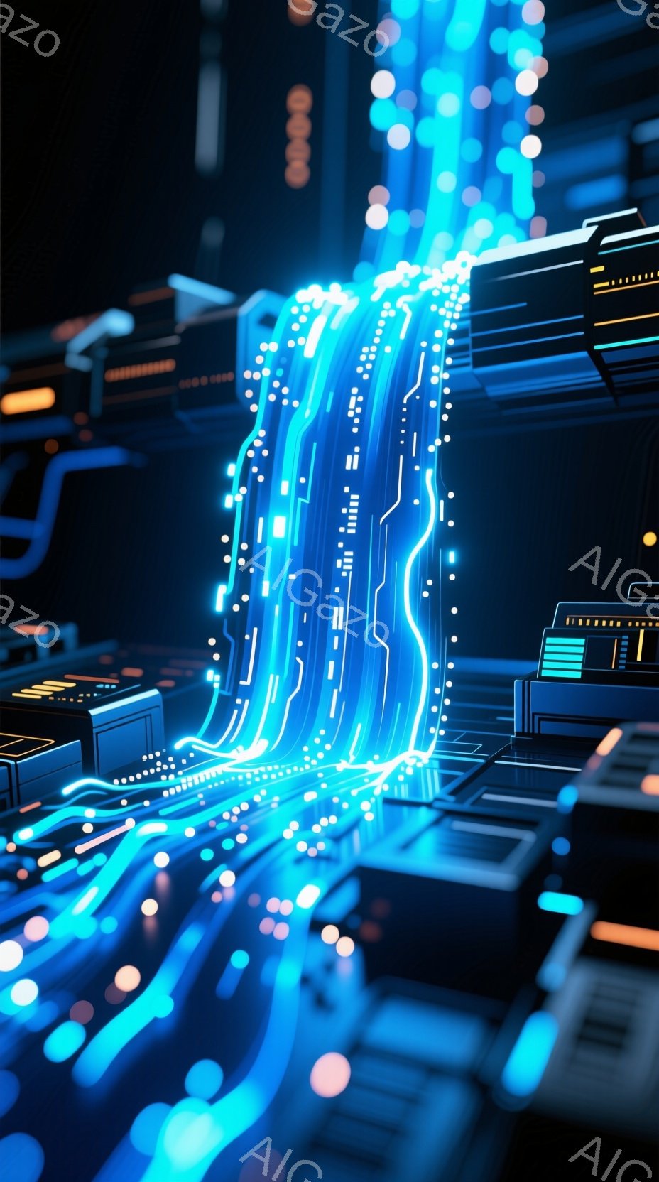 この画像は、未来的な都市景観を表現したCG作品です。鮮やかなネオンブルーとオレンジ色の光が、幾何学的な建造物や路面を照らし、サイバーパンク的な雰囲気を醸し出しています。光の線が複雑に交差し、まるでデータストリームのような視覚効果を生み出しています。