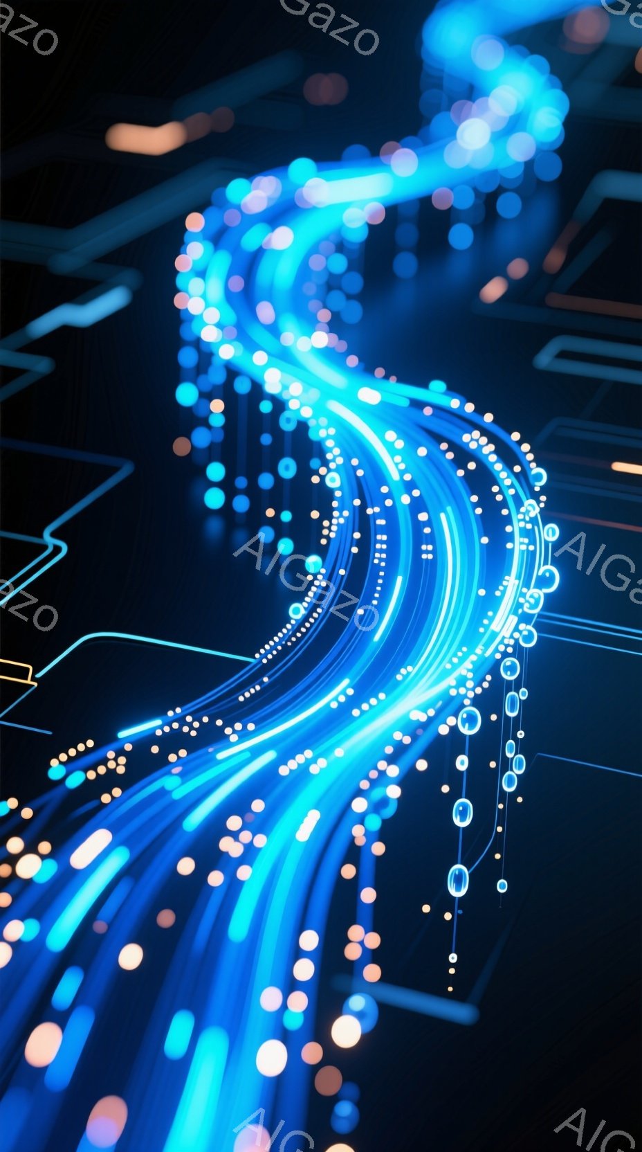 この画像は、青と白の光の線が渦を巻いて流れる様子を描いています。線はまるでエネルギーの流れのようで、背景には薄い回路のような模様が見えます。全体的に未来的な印象で、スピード感とテクノロジーを感じさせます。