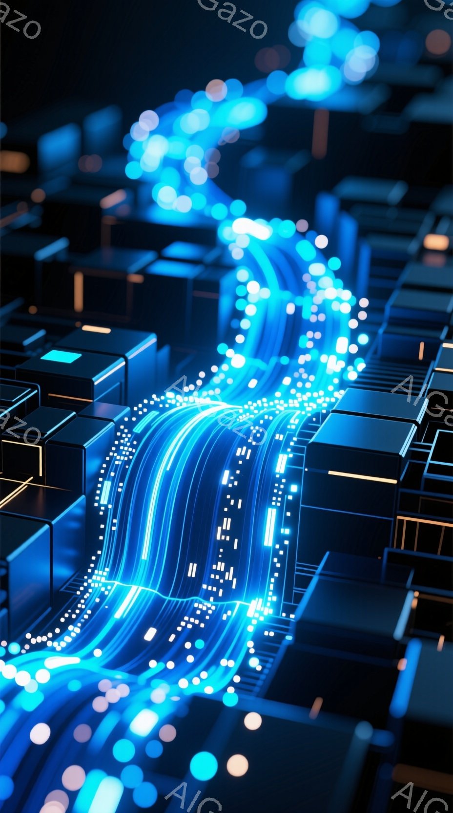 この画像は、未来的な都市景観を捉えたもので、鮮やかな青色の光の線が都市全体を貫通している様子が描かれています。建物はブロック状で幾何学的であり、光の線はまるでデータストリームのように、都市の構造を強調しています。全体的に、この画像はテクノロジーと未来都市の洗練された雰囲気と、エネルギーの流れを表現しています。