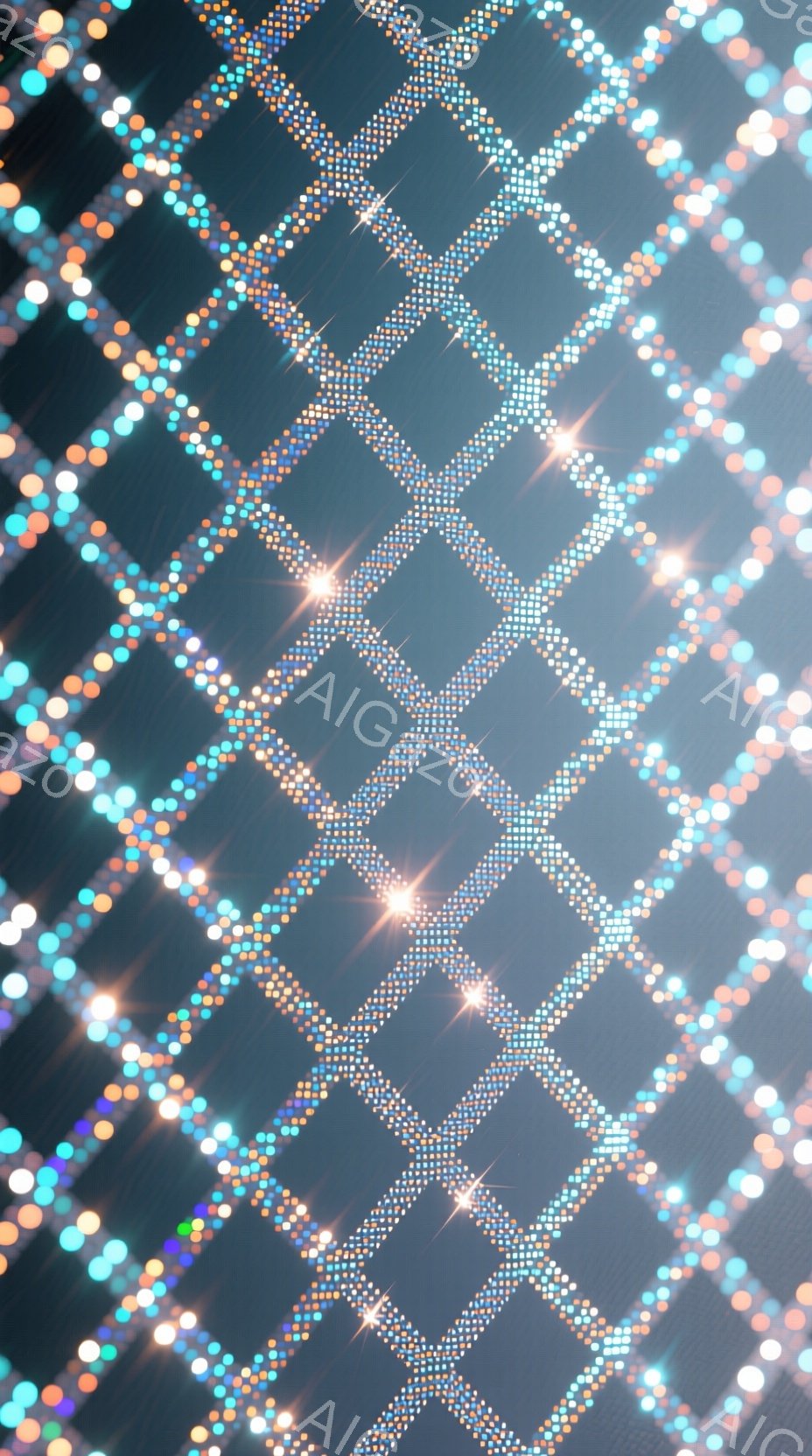 この画像は、暗い背景に光り輝く装飾が施された衣装を着た人物の姿を捉えています。装飾はダイヤモンドのような輝きを持ち、複雑な模様を描き出しており、まるで夜空に輝く星屑のようです。全体的に華やかで夢幻的な雰囲気が漂っています。