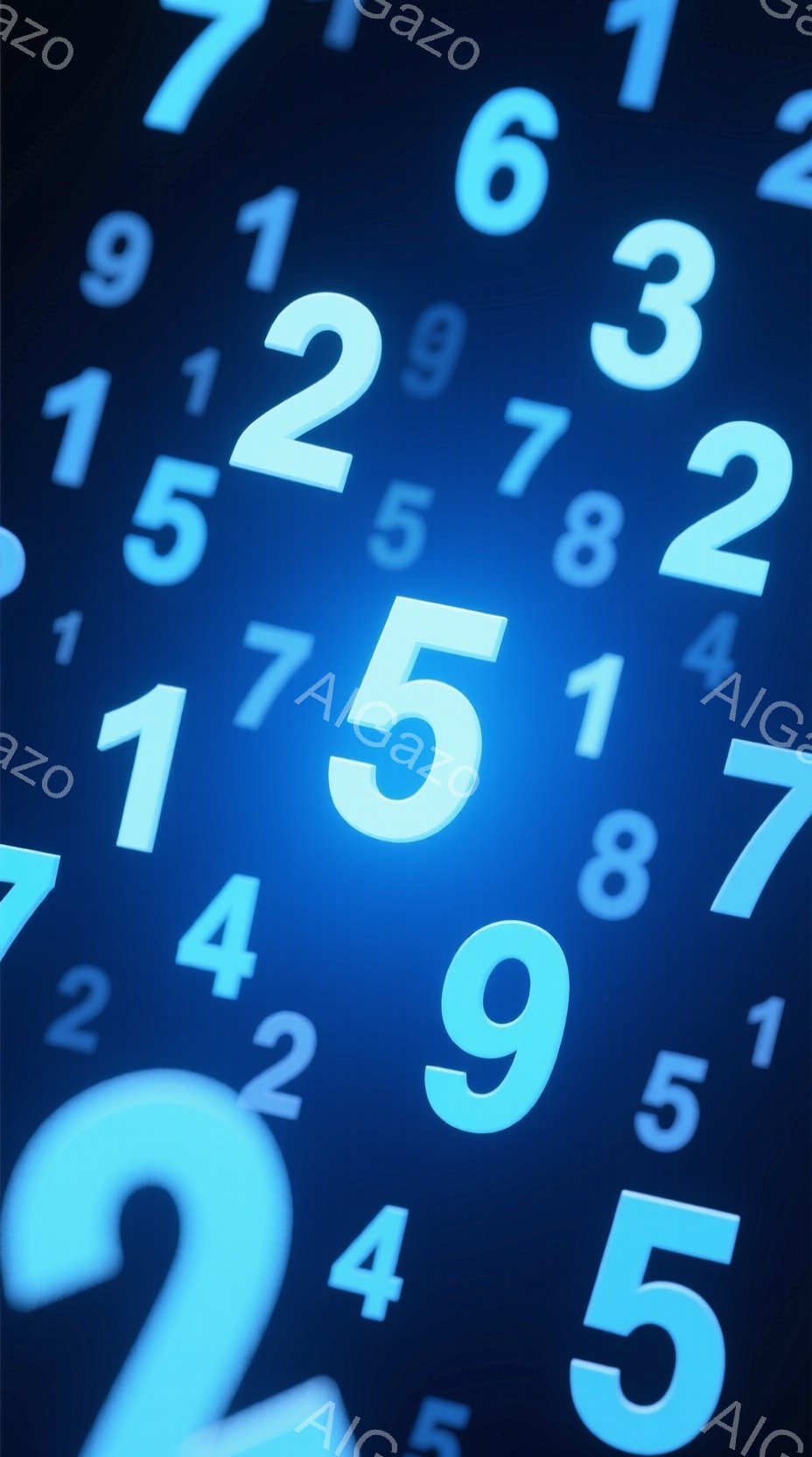 この画像は、青色の背景に様々な数字（1から9まで）が重なり合って配置されています。数字は明るい青色で、ぼやけており、奥行きを感じさせます。全体的に、未来的な雰囲気で、まるでデジタル空間の中にいるような印象を与えます。