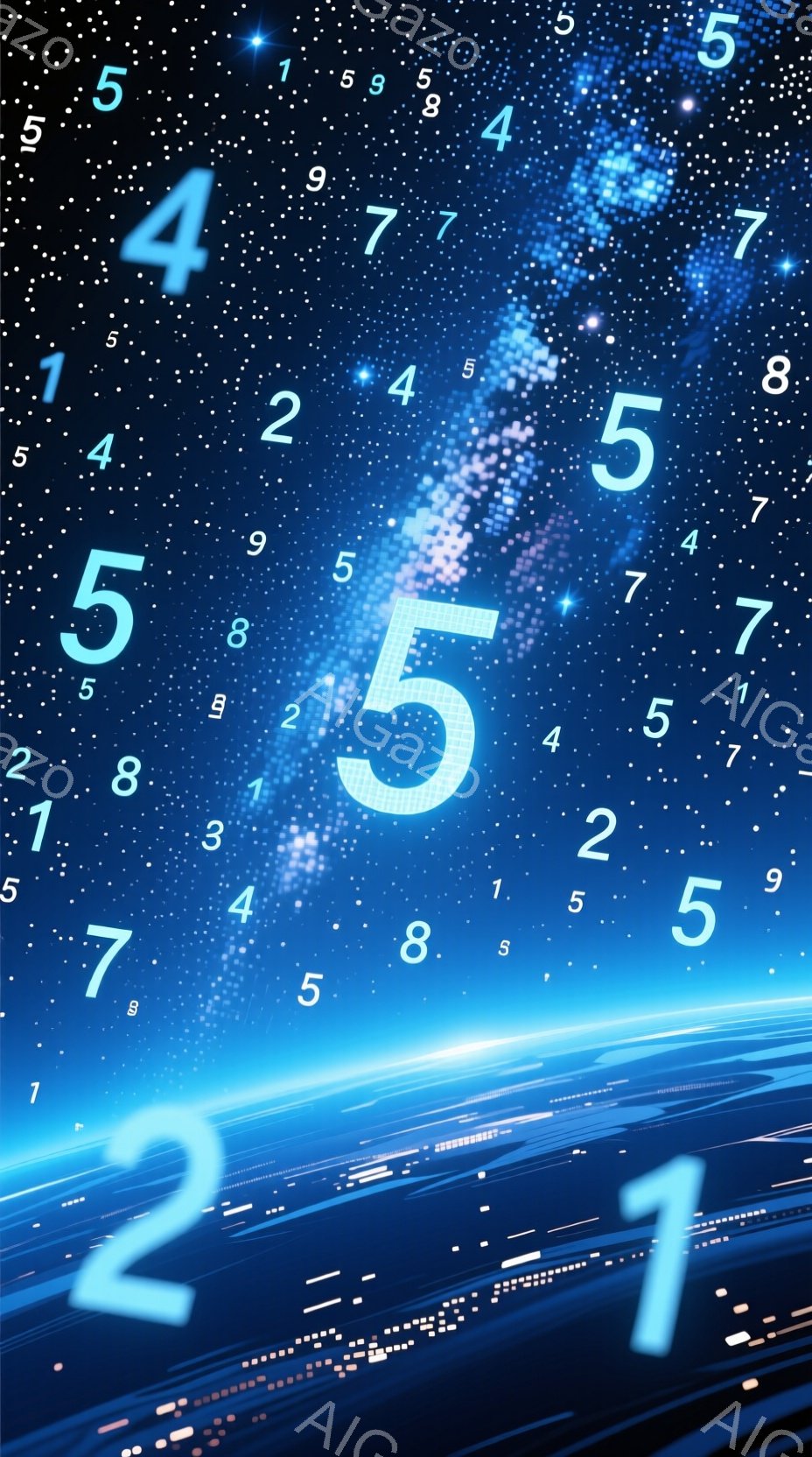 宇宙空間を背景にした画像で、青と濃い青色のグラデーションが広がっています。地平線付近には、光の帯が走り、未来的な都市のシルエットがぼんやりと見えます。画像全体には、様々な大きさの数字（1から9）が散りばめられ、幻想的で神秘的な雰囲気を醸し出しています。