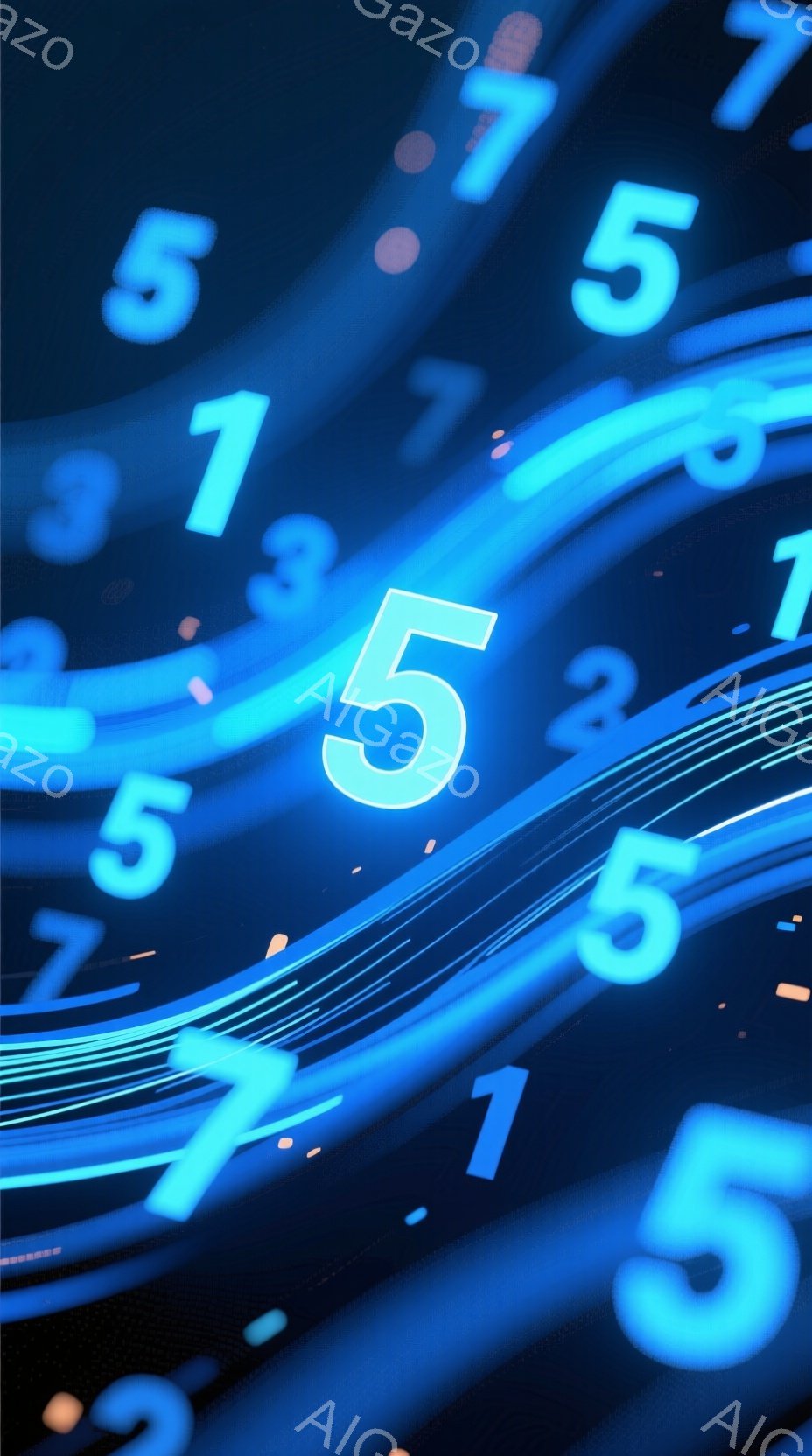 鮮やかな青色の背景に、様々な数字が光の線で描かれて流動的に配置されています。数字は1から7までが散りばめられており、まるで光の渦のような印象を与えます。全体的に近未来的な雰囲気で、テクノロジーやスピード感を想起させるイメージです。