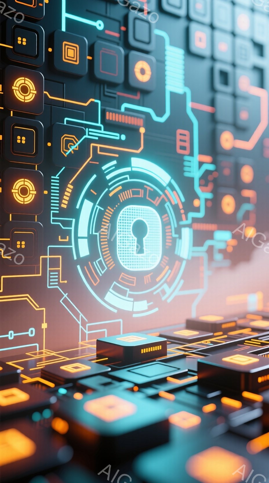 この画像は、サイバーセキュリティを連想させる未来的なデジタル風景を描いています。鮮やかなターコイズブルーの線が複雑な回路網を形成し、中央には鍵穴のアイコンが配置された円形のディスプレイが浮かび上がっています。下部には、発光するオレンジ色のブロック状の構造物が幾何学的に配置され、全体的に高科技で保護された雰囲気を醸し出しています。