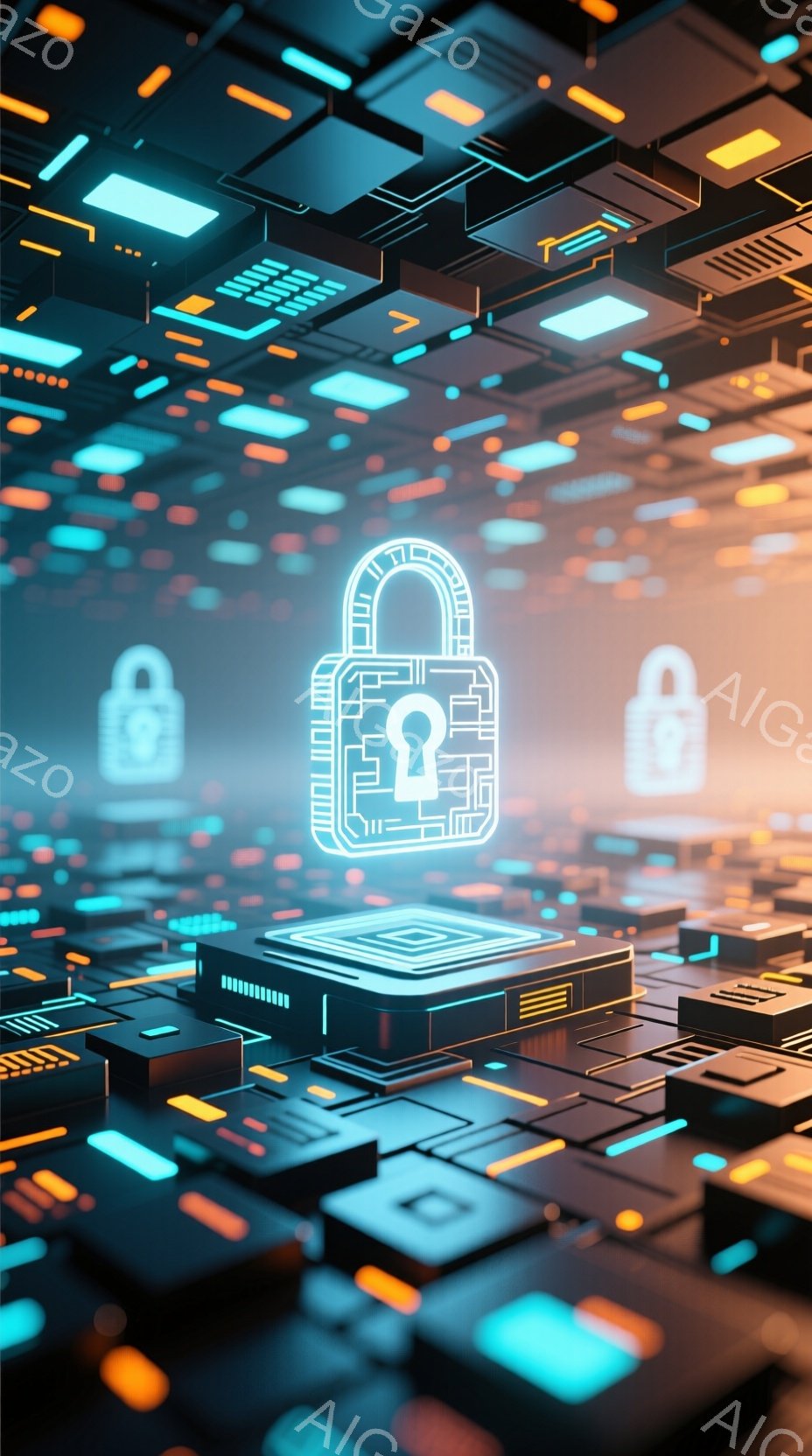 この画像は、サイバー空間を表現した抽象的な構成で、中心には光る輪郭の南京錠が浮かぶプラットフォームがある。背景は無数の小さな立方体で構成され、青やオレンジの色が点滅し、未来的なデジタル風景を形成している。全体的に、セキュリティ、データ保護、またはテクノロジーに関連するコンセプトを暗示する、鮮やかで複雑な雰囲気である。