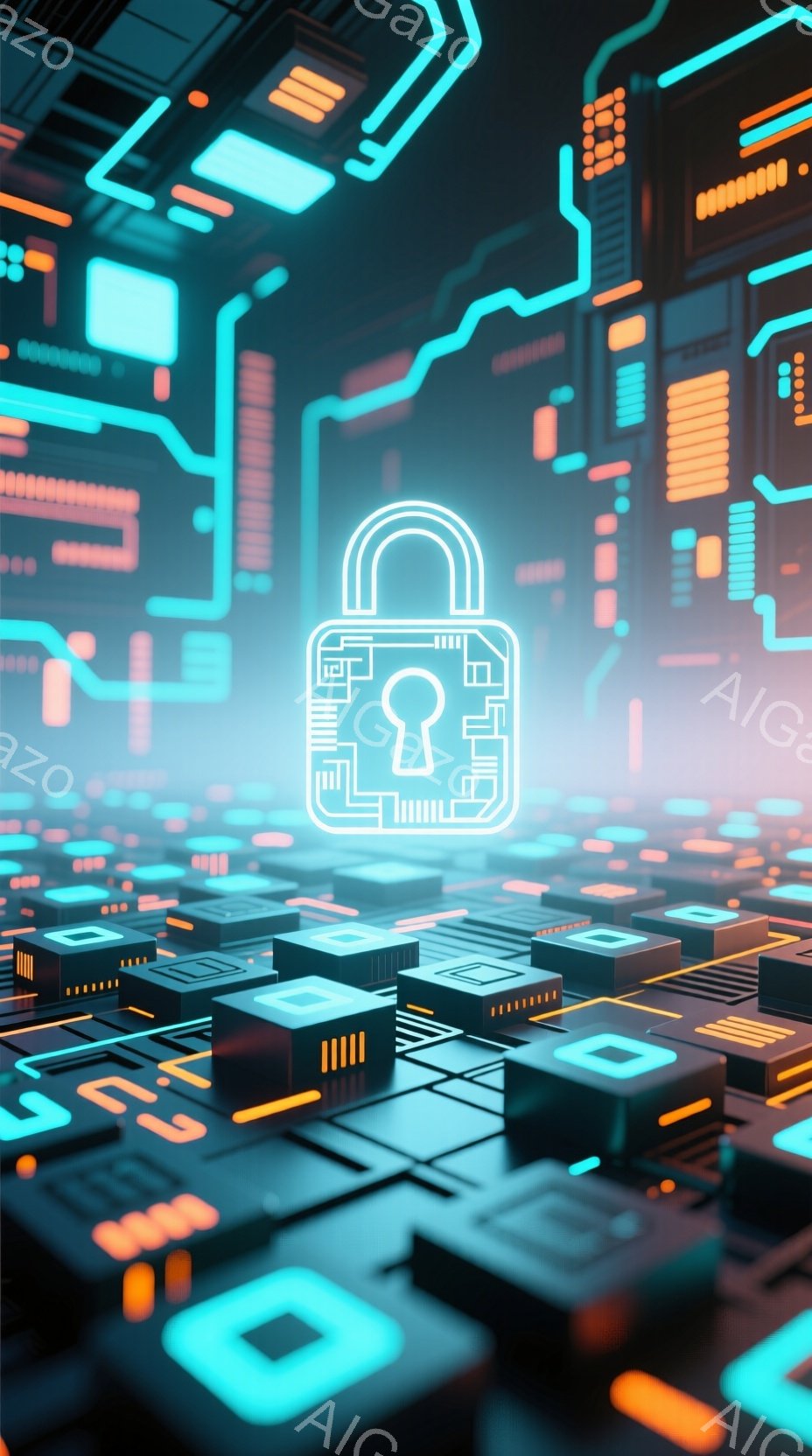 この画像は、デジタルな抽象的な風景を表しており、サイバー空間やセキュリティを想起させるようなデザインが特徴的です。鮮やかなネオンブルーとオレンジ色の光が、幾何学的なブロック状の構造物を照らし出し、中央にはデジタルロックのアイコンが浮かび上がっています。全体的に近未来的でテクノロジー感に満ちた、クールな雰囲気が漂っています。