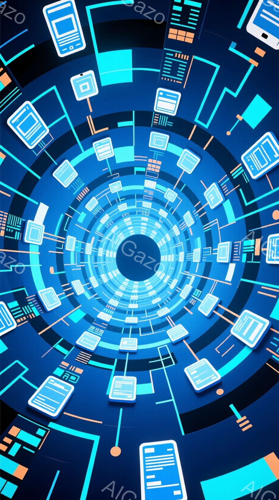 この画像は、中心に向かって渦巻く未来的な青色の円形パターンが特徴です。多くの小さな長方形のディスプレイのようなオブジェクトが円状に配置され、それぞれに白い線やバーコードのような模様が描かれています。全体的にクールでテクノロジーを感じさせる、デジタルな雰囲気を醸し出しています。