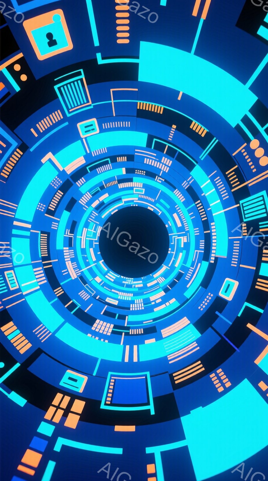 この画像は、中心に向かって収束する、未来的な青色のトンネルを描いています。幾何学的なパターンと光の帯が、サイバーパンク的な雰囲気を醸し出し、中央の暗闇が奥行きを強調しています。全体的に、技術的な進化と - AI生成フリー素材