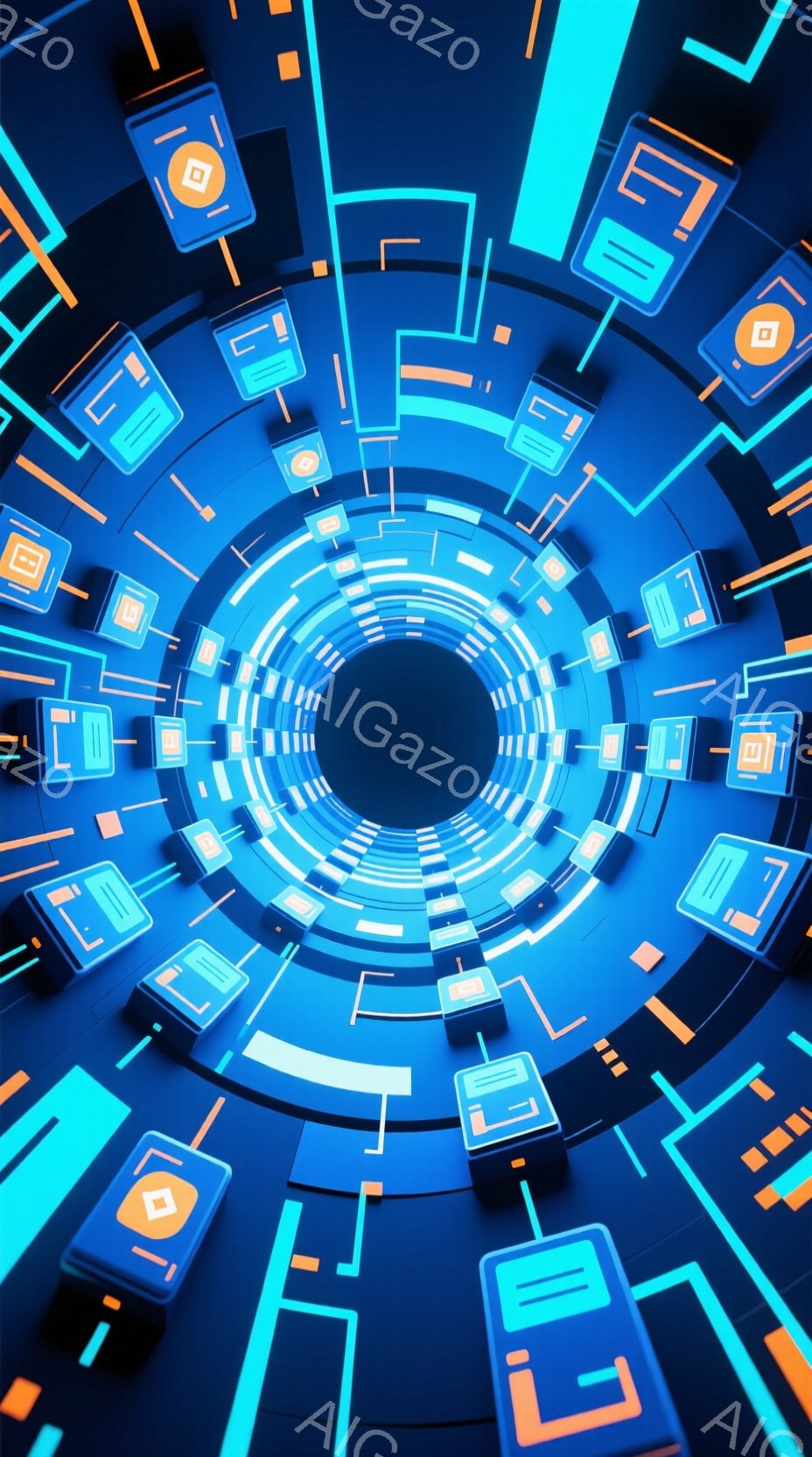 この画像は、青とオレンジのネオンライトで描かれた、サイバーパンク風のトンネルの内部を描いています。幾何学的な形状のオブジェクトが、渦巻くトンネル内に浮遊し、未来的なデジタル空間を表現しています。全体的に、没入感があり、幻想的で、テクノロジーと芸術が融合したような雰囲気です。