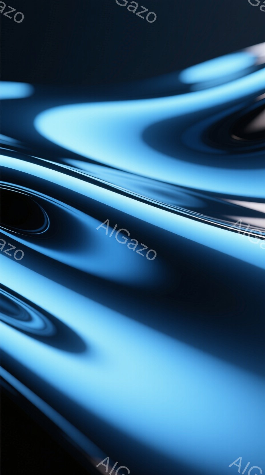 この画像は、鮮やかな青色の光沢のある曲線が複雑に絡み合った抽象的な表現です。光の反射と影によって、流動的で奥行きのある視覚効果が生まれています。全体として、未来的で洗練された雰囲気を感じさせます。