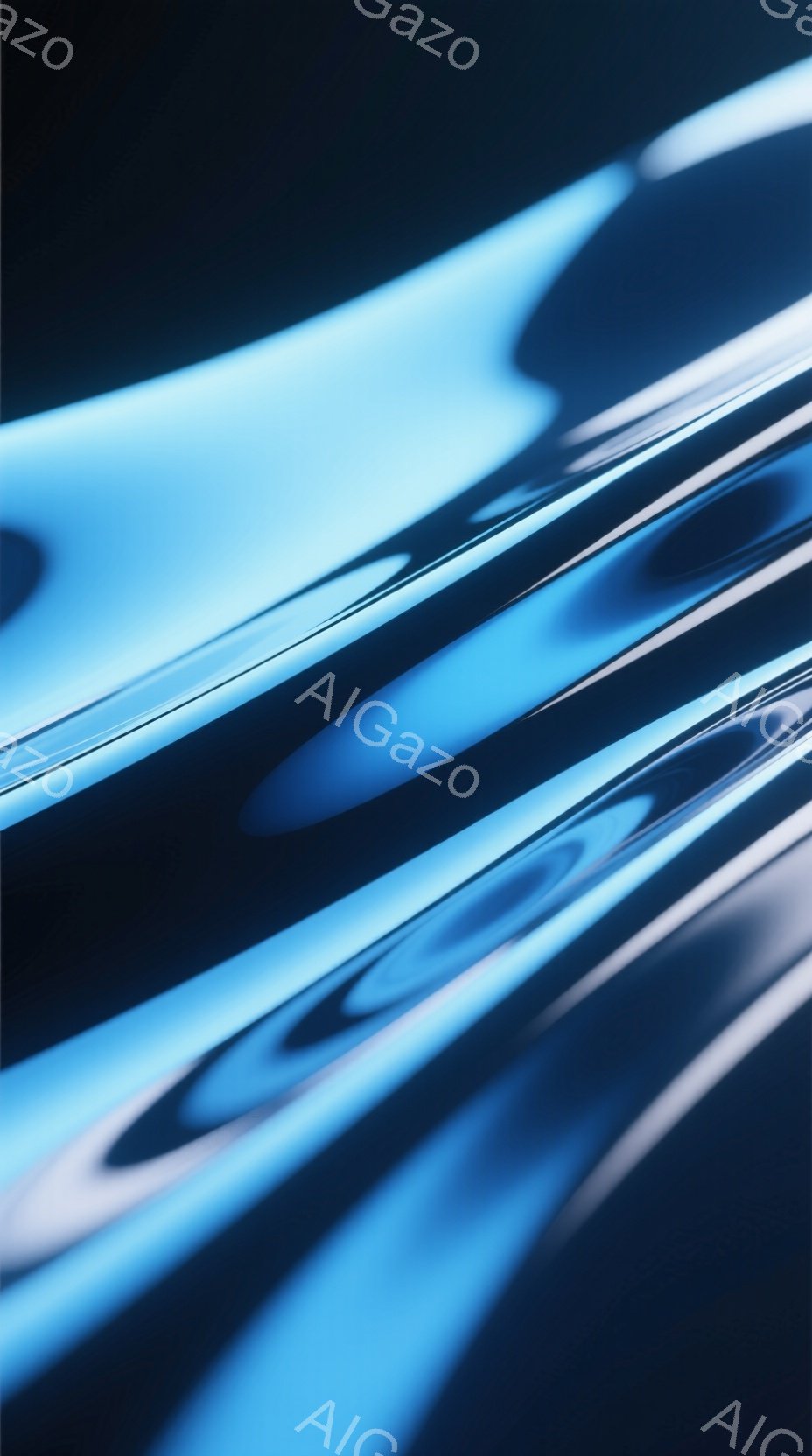 この画像は、青い光沢のある表面の抽象的なクローズアップです。強い光の反射と曲線が印象的で、まるで水面や金属の表面を捉えたようです。全体的にクールで未来的な雰囲気が漂います。