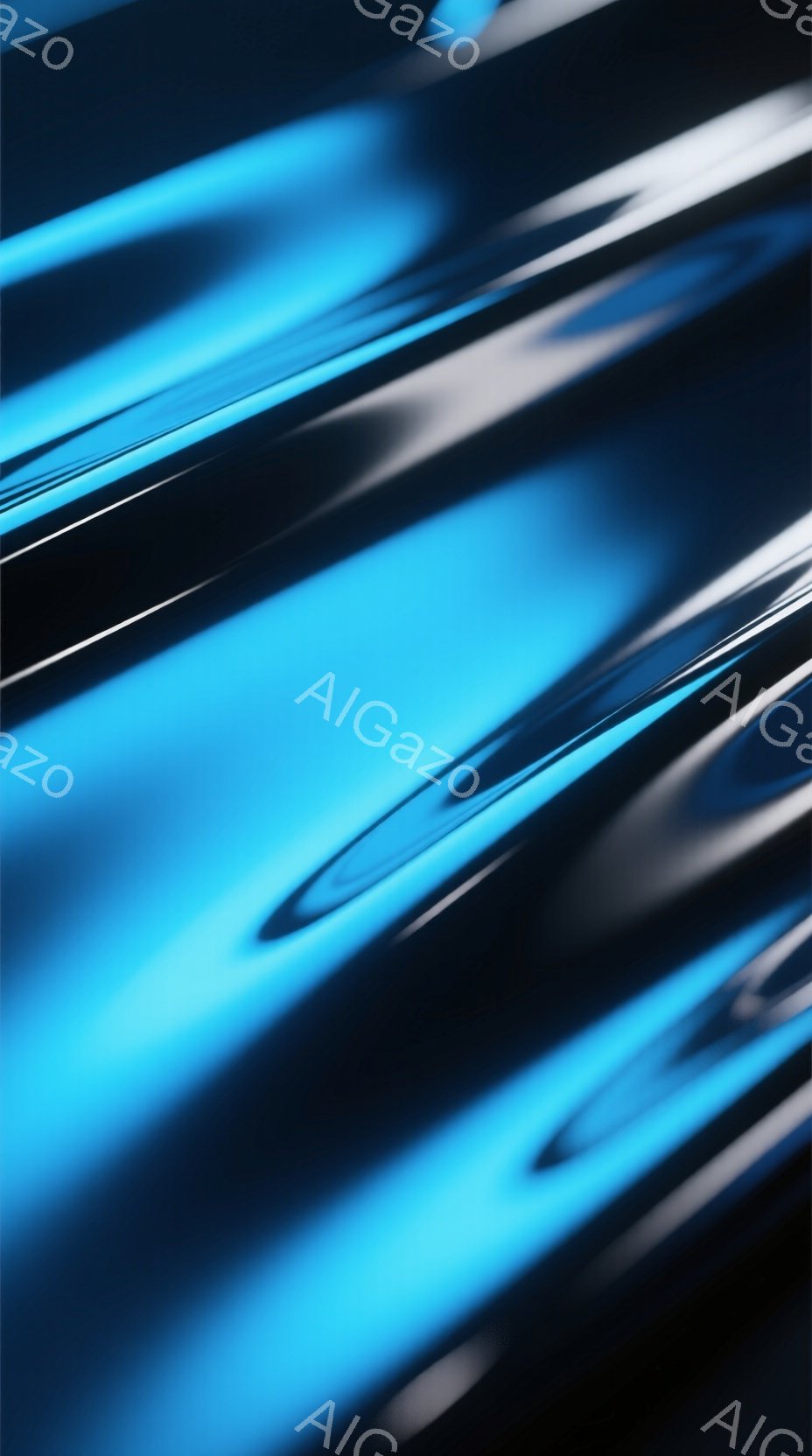 この画像は、青と黒のストライプが特徴的な抽象的な光の表現です。光沢のある曲線が重なり合い、まるで流動的な液体や光の反射を捉えたかのような印象を与えます。全体的に神秘的で未来的な雰囲気を醸し出しています。