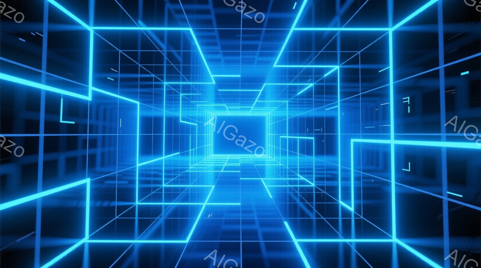 鮮やかな青色の光が網の目のように交差する、未来的なトンネルが広がっている。幾何学的な線が遠近法を利用して奥行きを作り出し、まるでデジタル空間に吸い込まれるような感覚を覚える。全体的にクールでサイバーパンクな雰囲気を醸し出しており、SF映画のような世界観を思わせる。