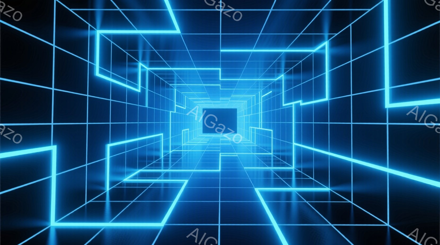 この画像は、ネオンブルーの線で構成された無限に続く迷路のようなトンネルを描いています。線は四角形や長方形で構成され、奥行きのある視覚効果を生み出しています。全体的に未来的な雰囲気で、サイバーパンクや仮想現実の世界を彷彿とさせます。