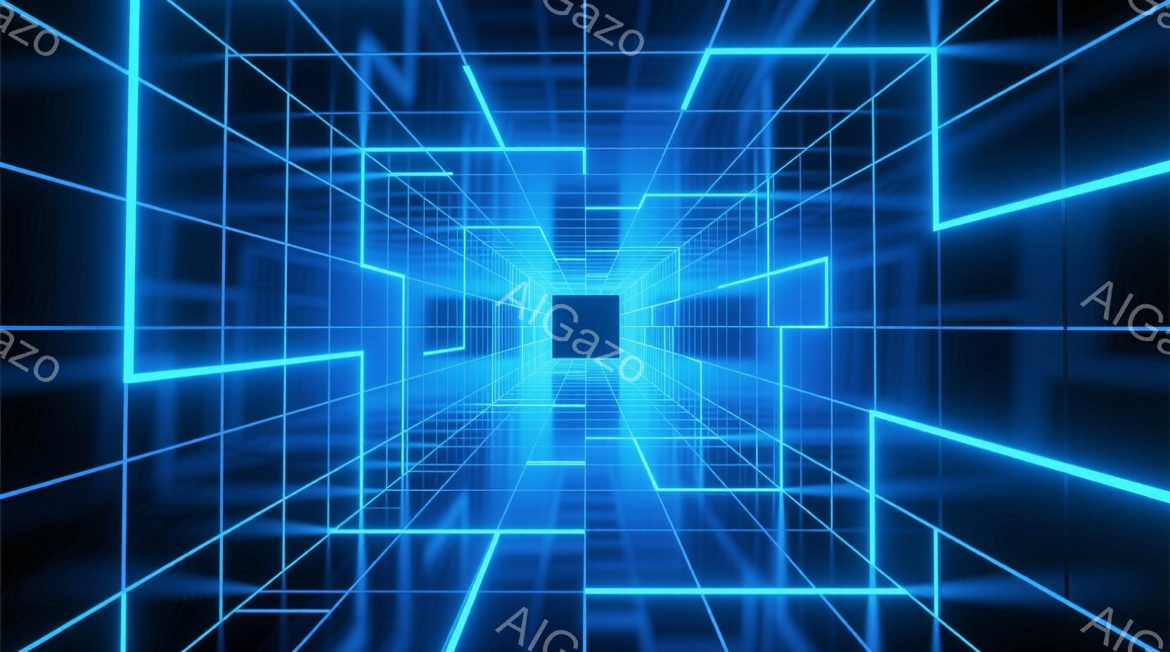 鮮やかな青色の光の線が、無数の迷路のように交差する仮想空間が描かれています。線は水平、垂直、斜めに走り、遠近法によって奥へと続く無限のトンネルを作り出しています。この光の構造は、未来的なデジタル世界やサイバー空間を連想させる、幾何学的で抽象的な雰囲気を醸し出しています。