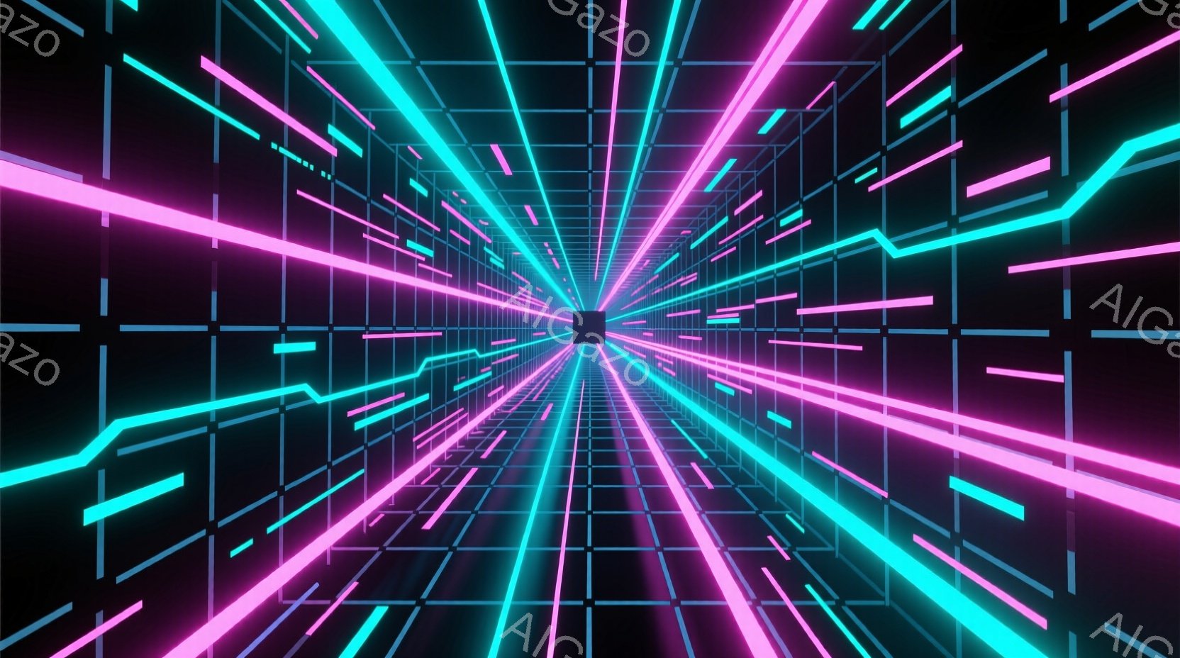 この画像は、ネオンピンクとターコイズブルーの光の線が、暗闇の中で無限に伸びるトンネルを描いています。線は互いに交差したり平行に進んだりし、サイバーパンクや未来的な雰囲気を醸し出しています。中心部に向か - AI生成フリー素材