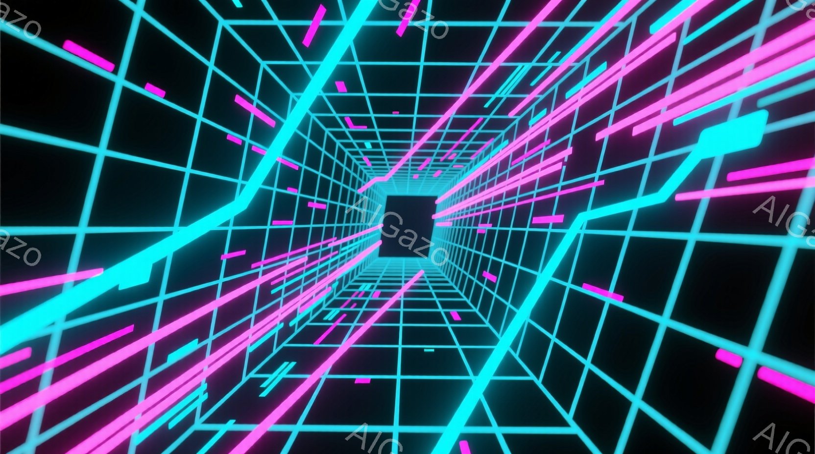 鮮やかなネオンピンクと青色のグリッドが無限に続くトンネルが描かれています。光の線が水平方向に伸びており、遠近法によって奥行きのあるサイバー空間のような視覚効果を生み出しています。全体的に、未来的な、そして少しトリップ感のある雰囲気を醸し出しています。