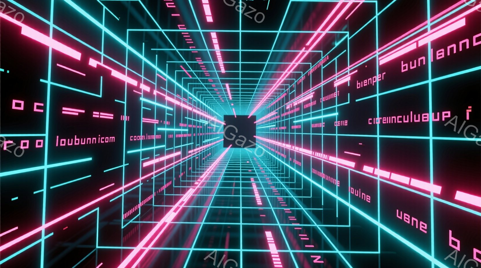 この画像は、ネオンピンクとターコイズブルーの光の線が無限に続くトンネルを描いています。光の線は水平方向と垂直方向に伸び、遠近法によって消失点に向かって収束し、未来的な空間を作り出しています。全体的に、 - AI生成フリー素材