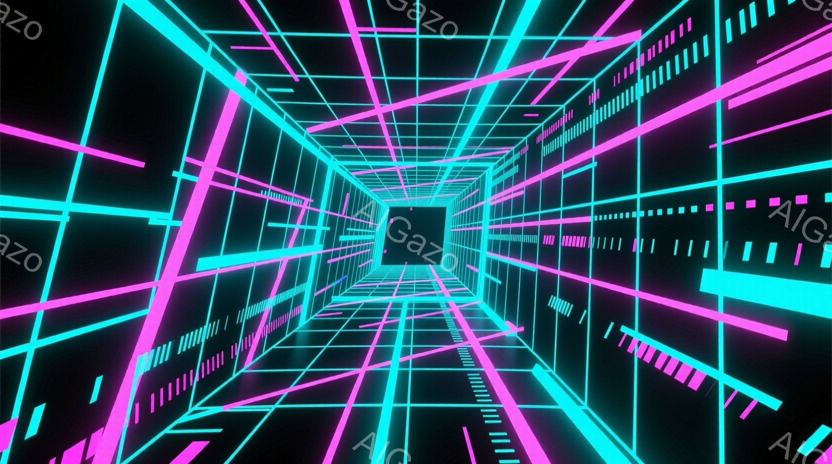 鮮やかなネオンピンクとターコイズブルーの線が、無限に続くトンネル状の空間を構成している。線は水平、垂直、斜めと様々な方向に伸びており、遠近法によって奥へと収束していくように見える。全体的にサイバーパンクやデジタルアートを彷彿とさせる、未来的な雰囲気の画像である。